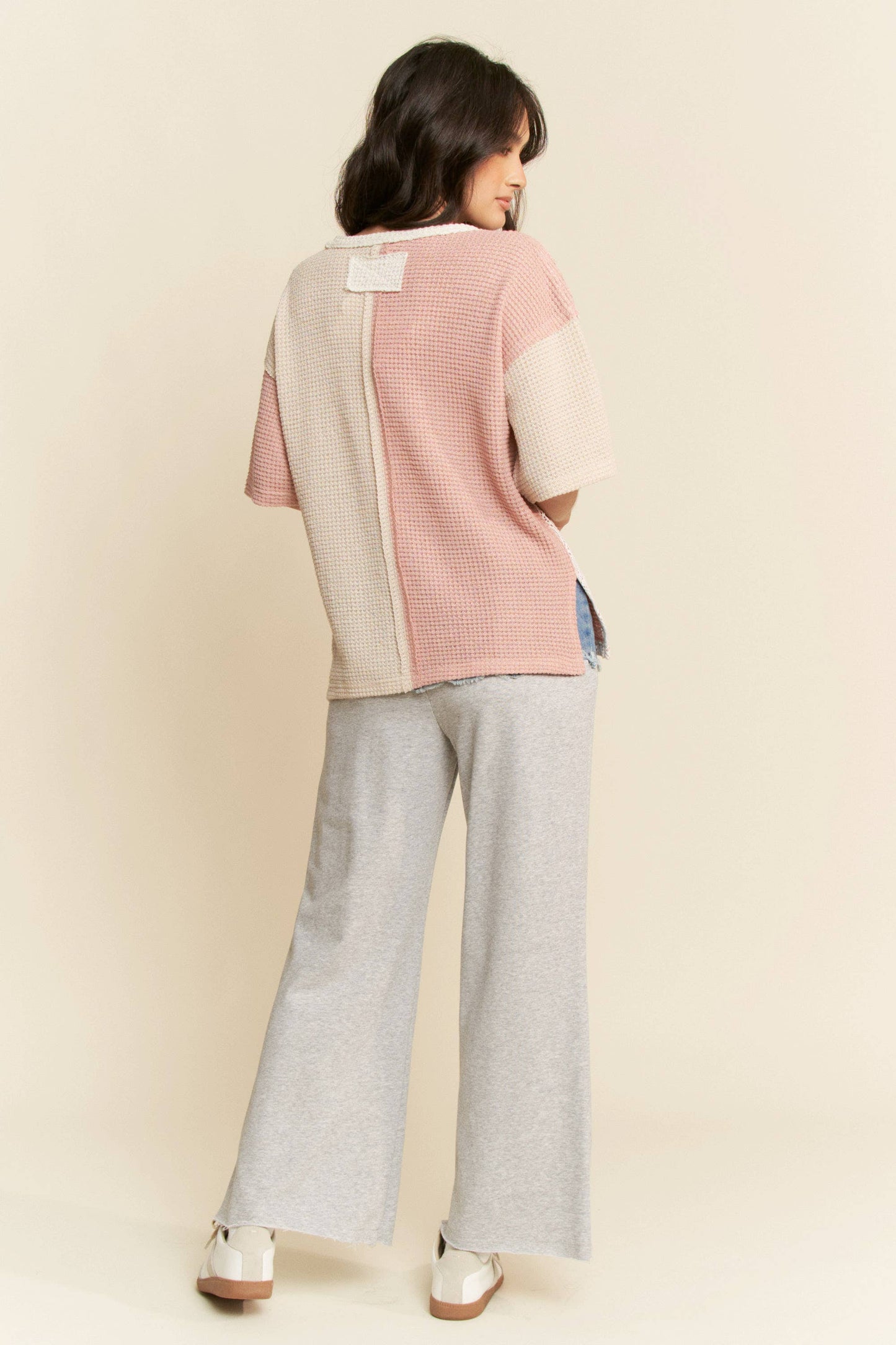 Patchwork Knit Pullover in Dusty Pink, Cream and Lace