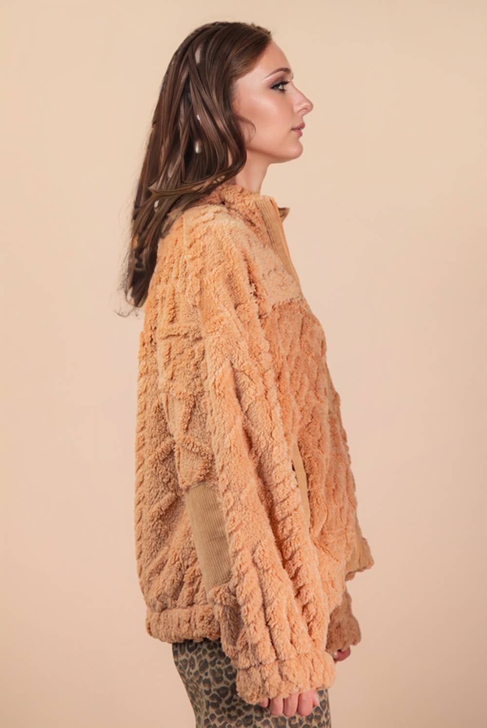 Fuzzy Fleece Cable Pattern Zip Up Jacket in Caramel Mocha