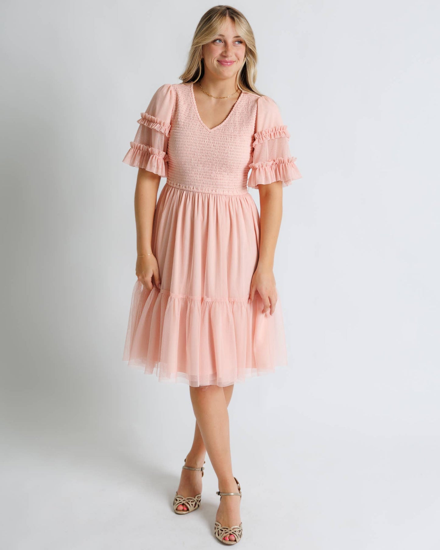 True Romance Peach Half Sleeve Tulle Midi Dress