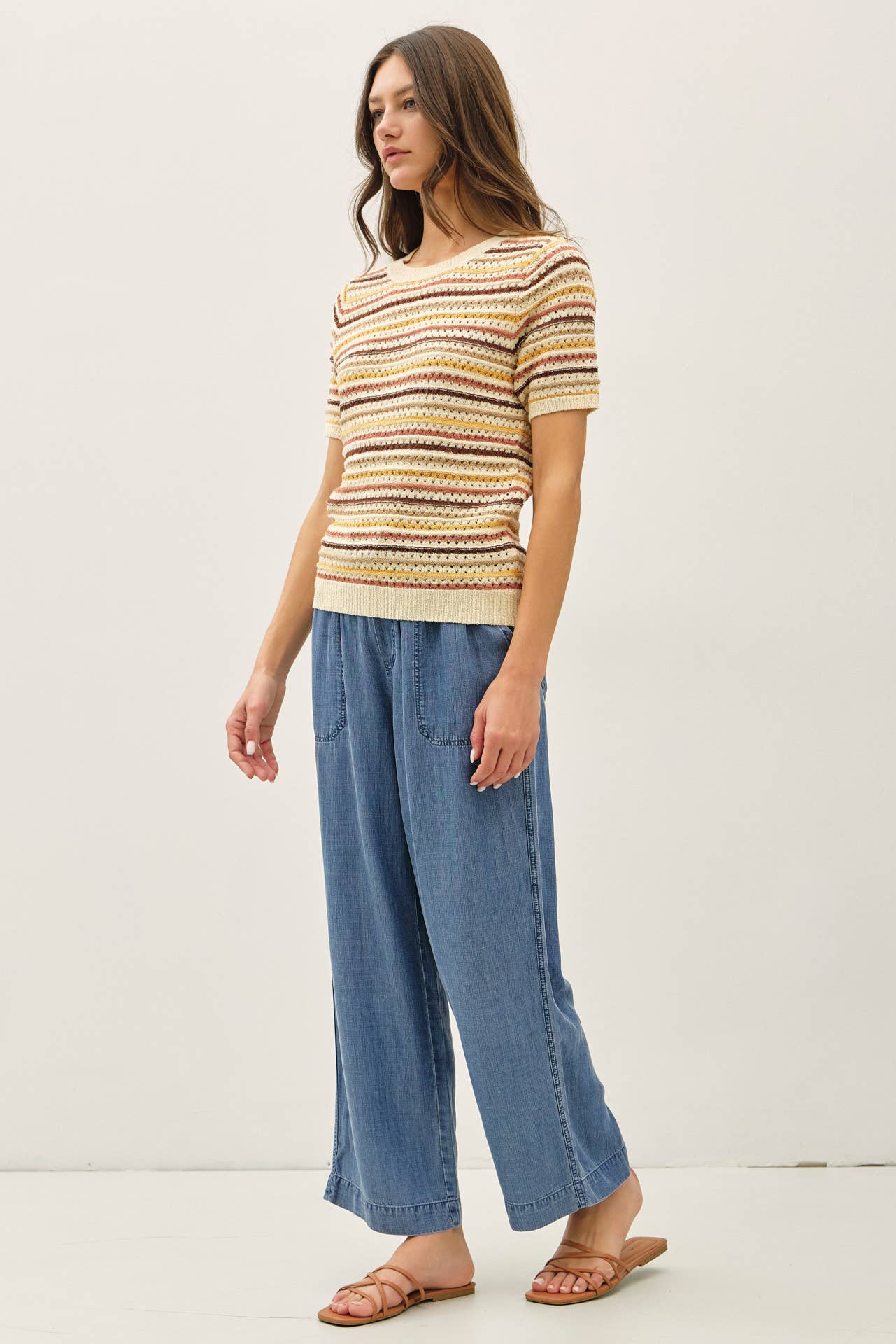 Stripe Short Sleeve Textured Sweater