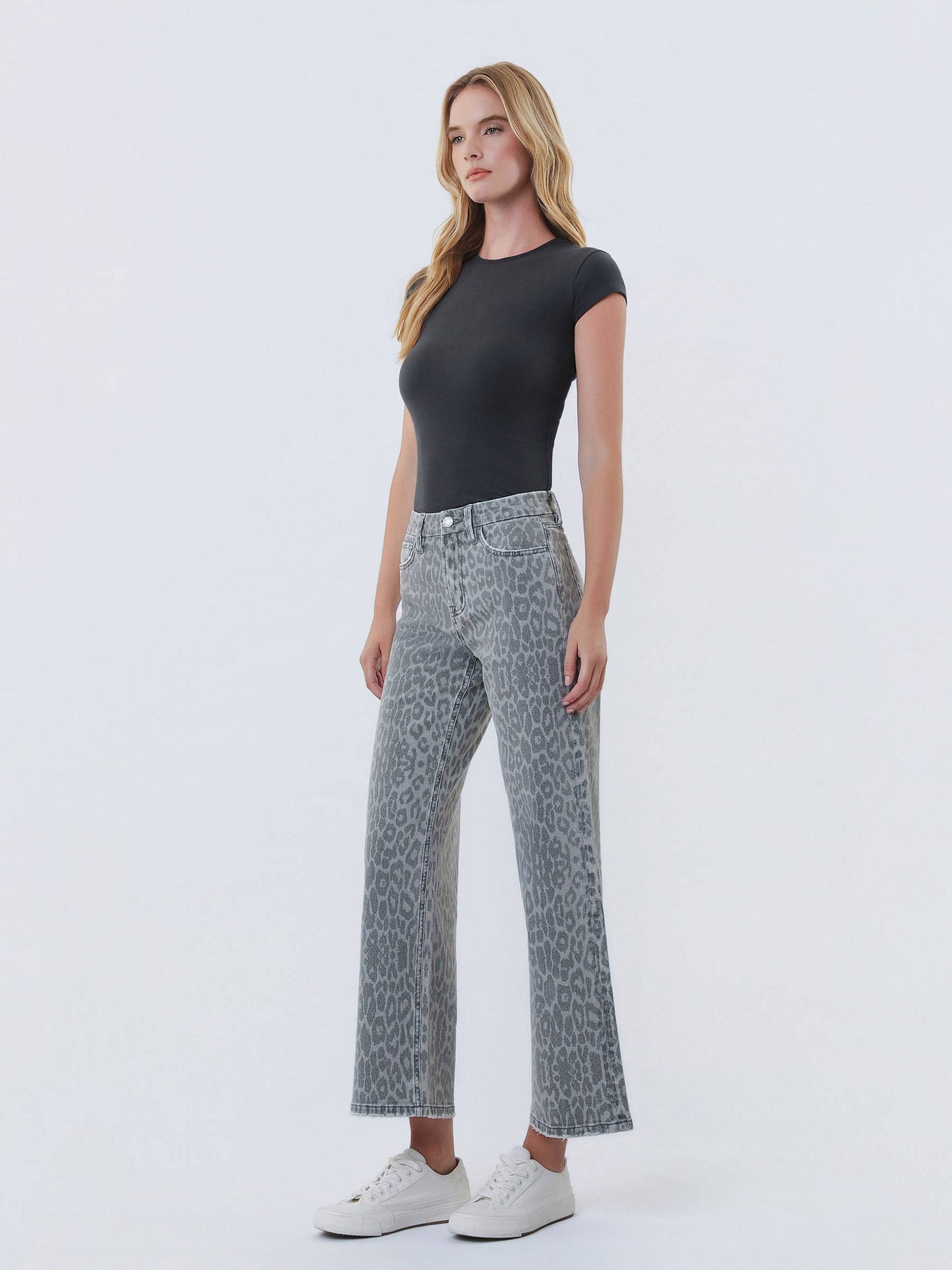 High Rise Grey Leopard Wide Leg Denim by Vervet