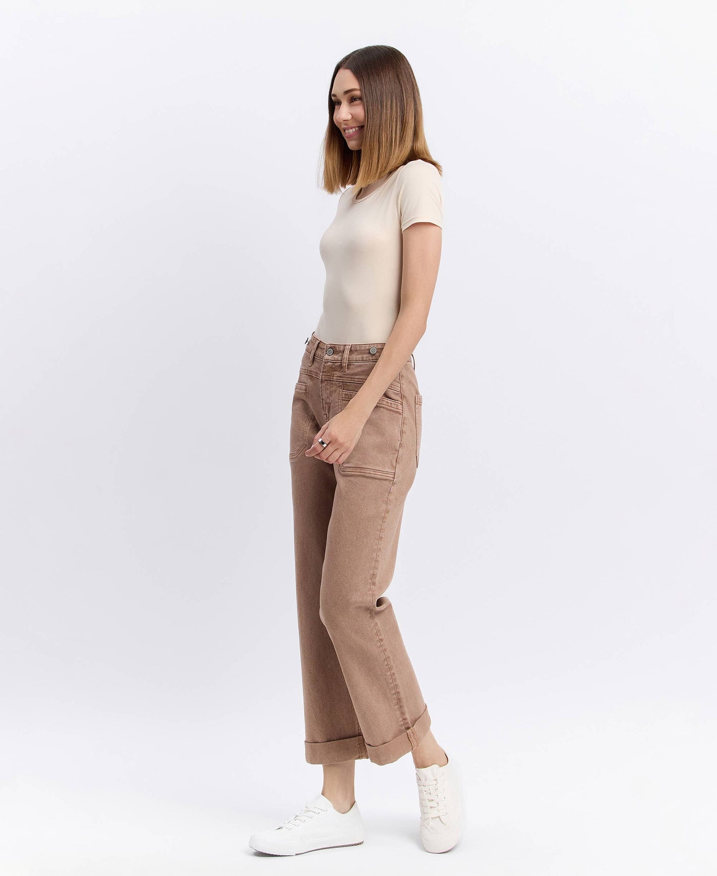 High Rise Tab Wide Denim in Warm Taupe by Flying Monkey