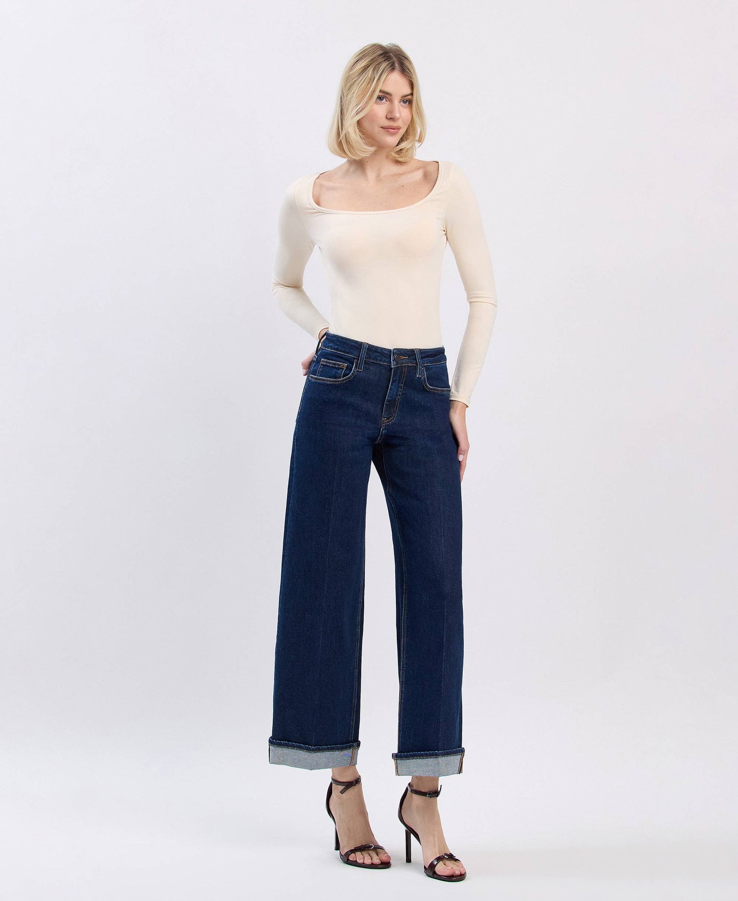 High Rise Cuffed Ankle Wide Jeans