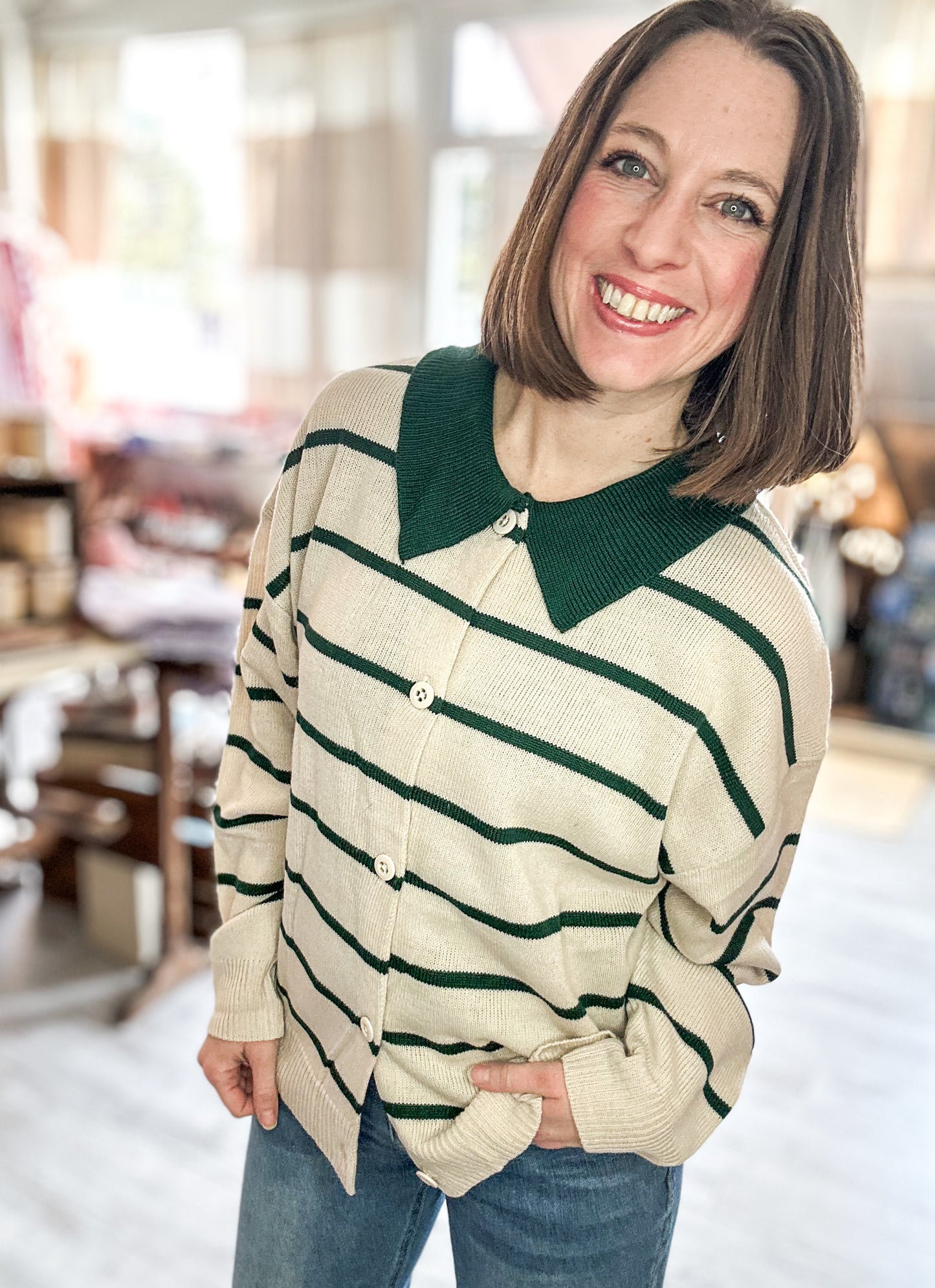 Oversized Button Down Striped Casual Sweater in Green