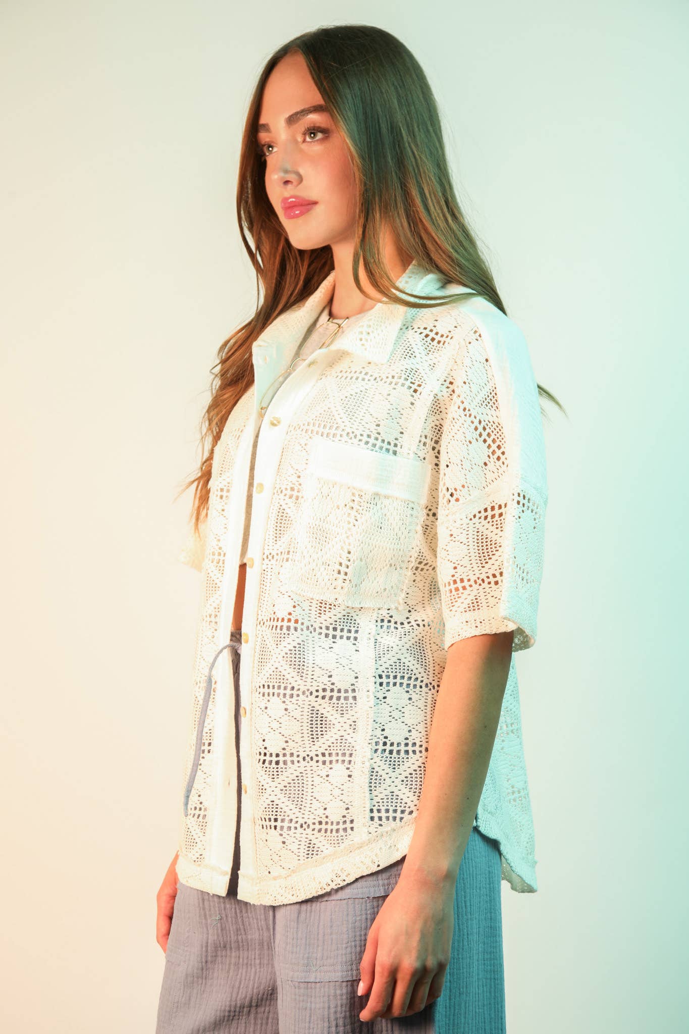 Oversized Crochet button-down shirt Top in White