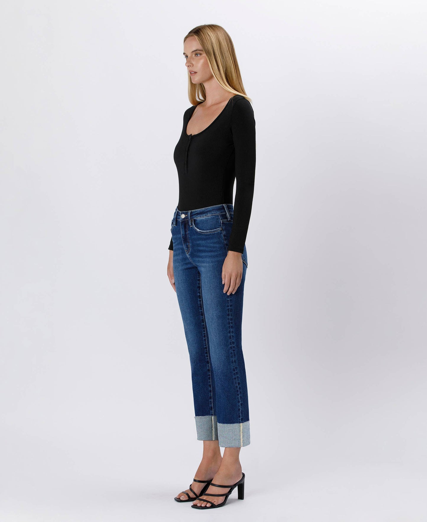 High Rise Cuffed Slim Straight Denim by Lovervet