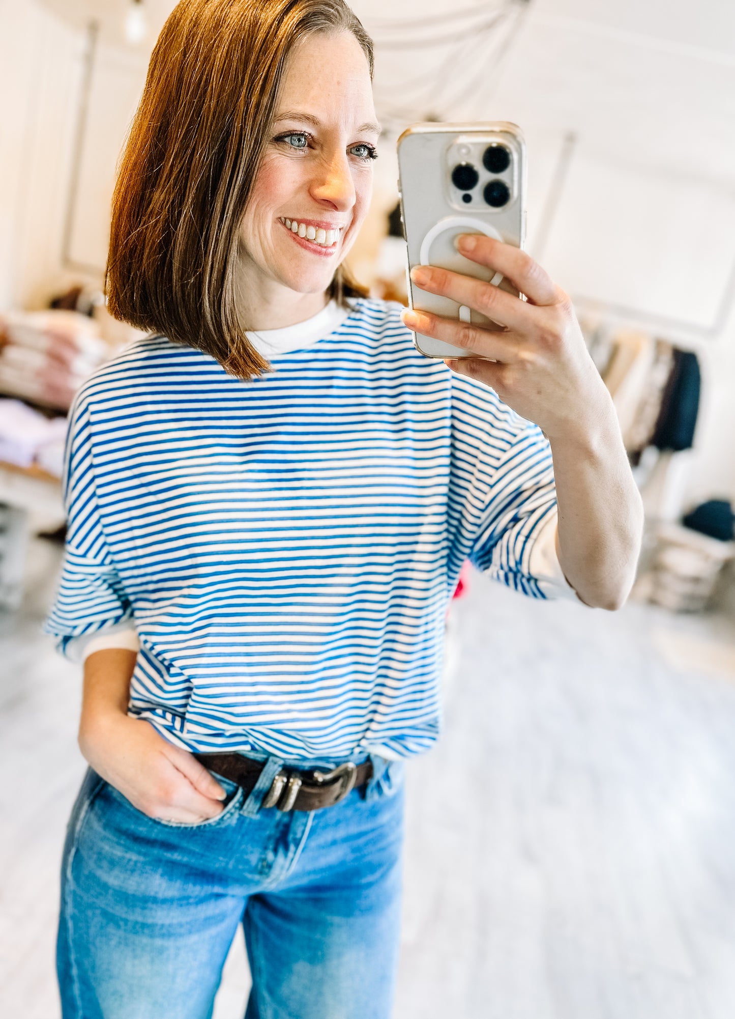 Striped Short Sleeve Top in Ocean Blue