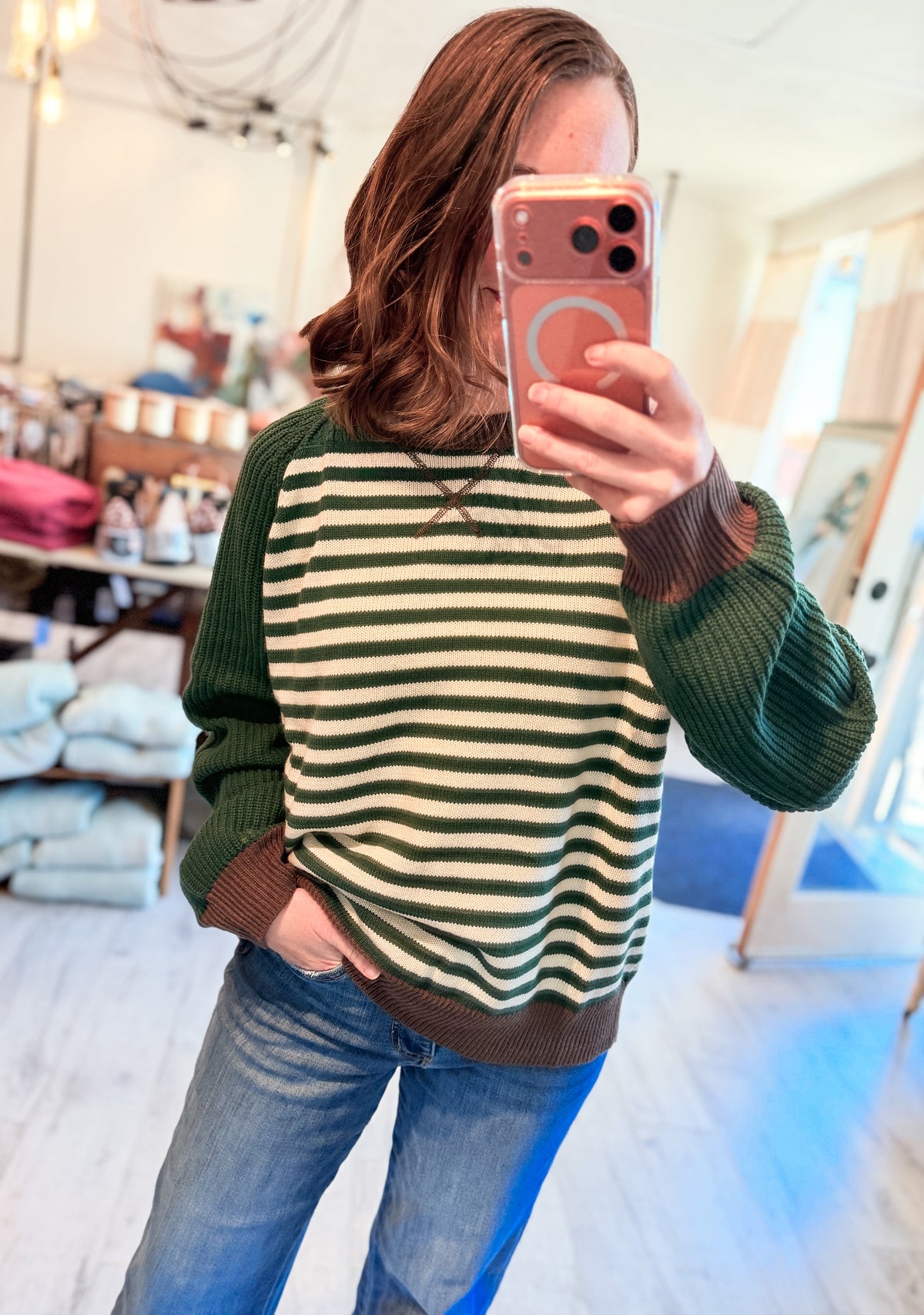 STRIPED COLORBLOCK RAGLAN LONG SLEEVE CREW SWEATER