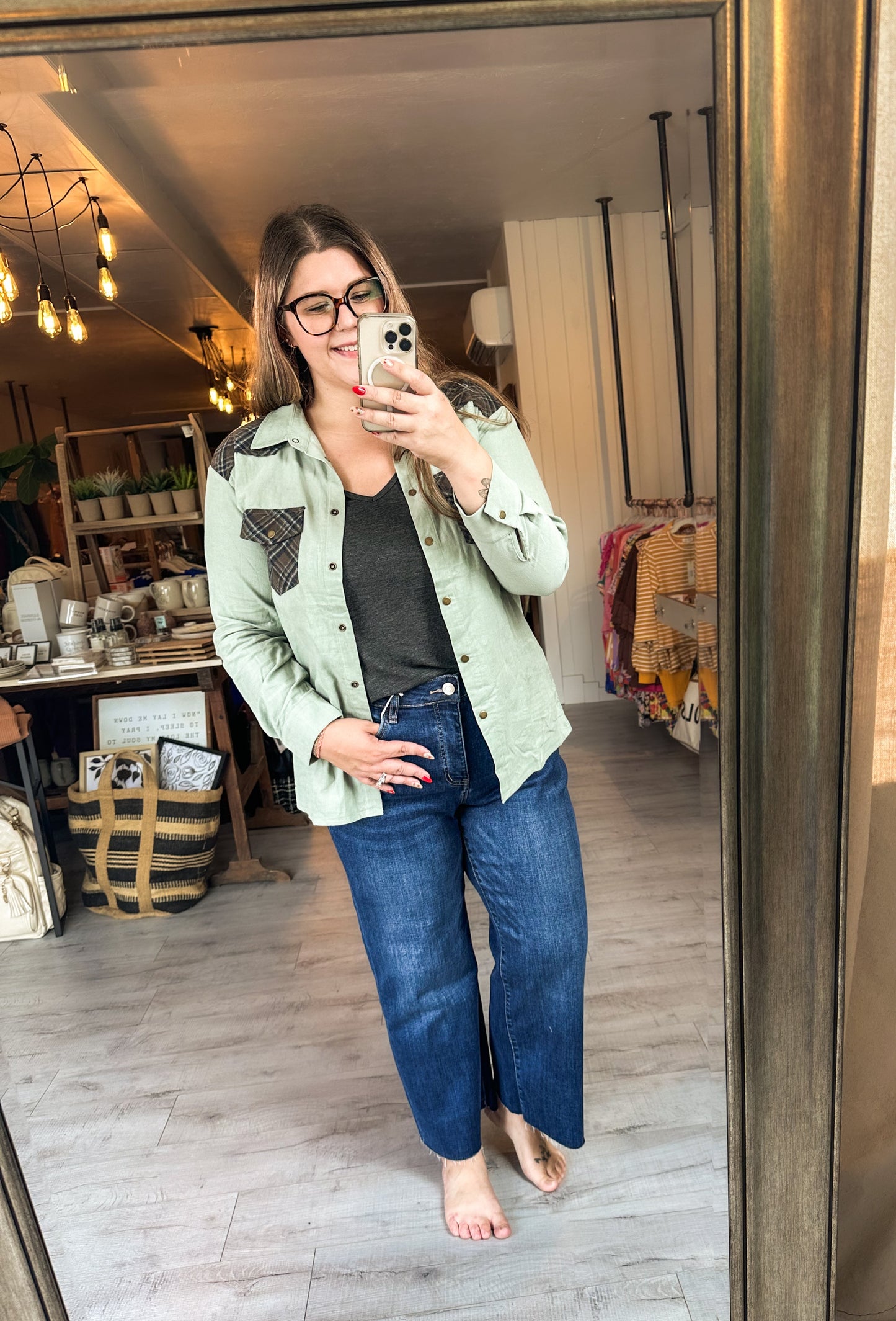 Corduroy Plaid Snap Western Top in Sage