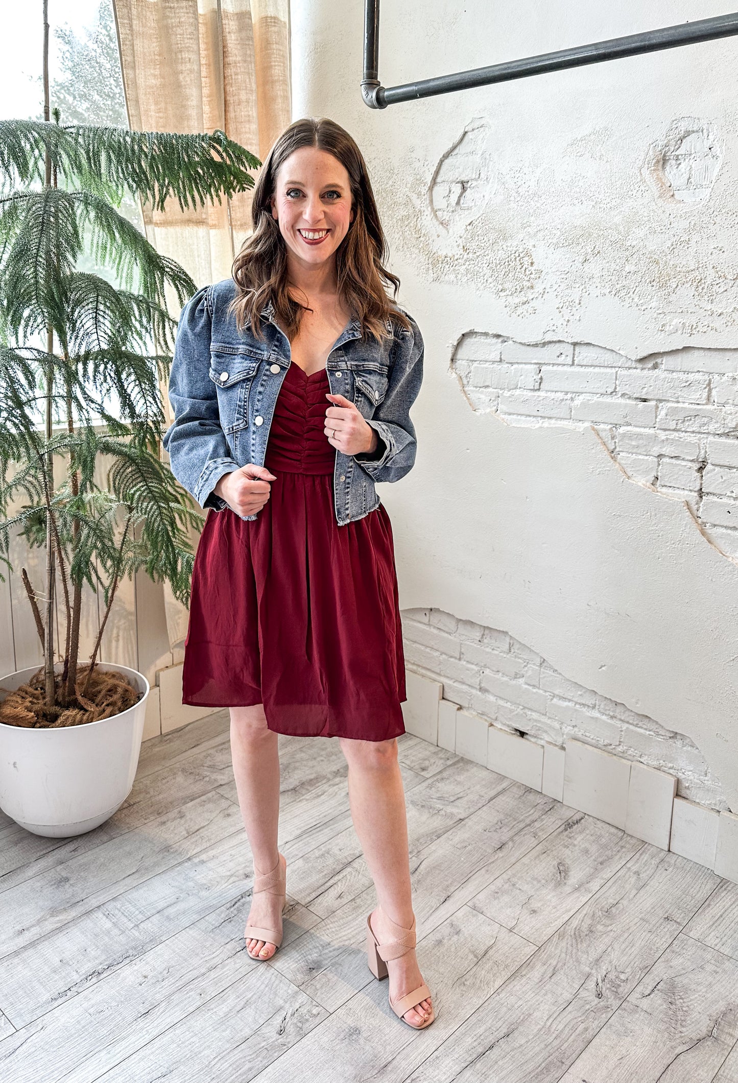 Romantic Ruching Sweetheart Dress in Wine Red
