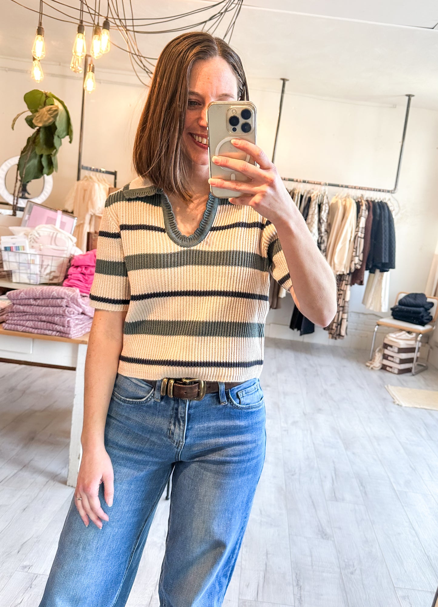 Collared Striped Sweater in Ash Jade