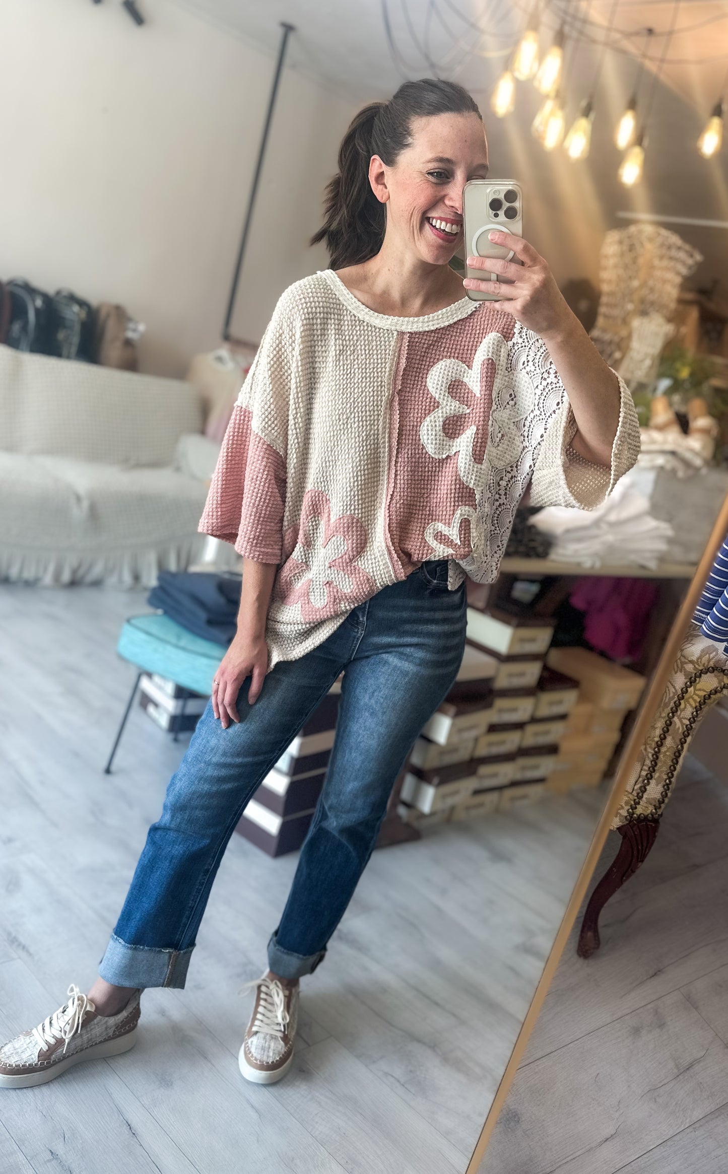 Patchwork Knit Pullover in Dusty Pink, Cream and Lace
