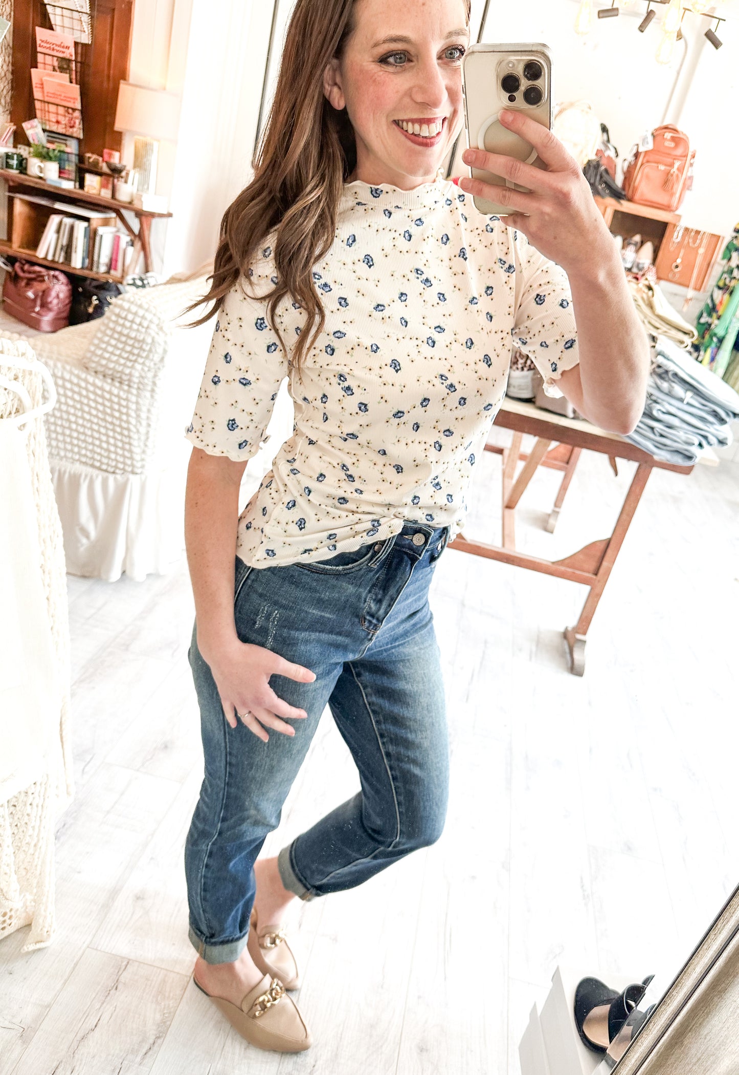 Ribbed Knit Floral Top in Cream and Blue