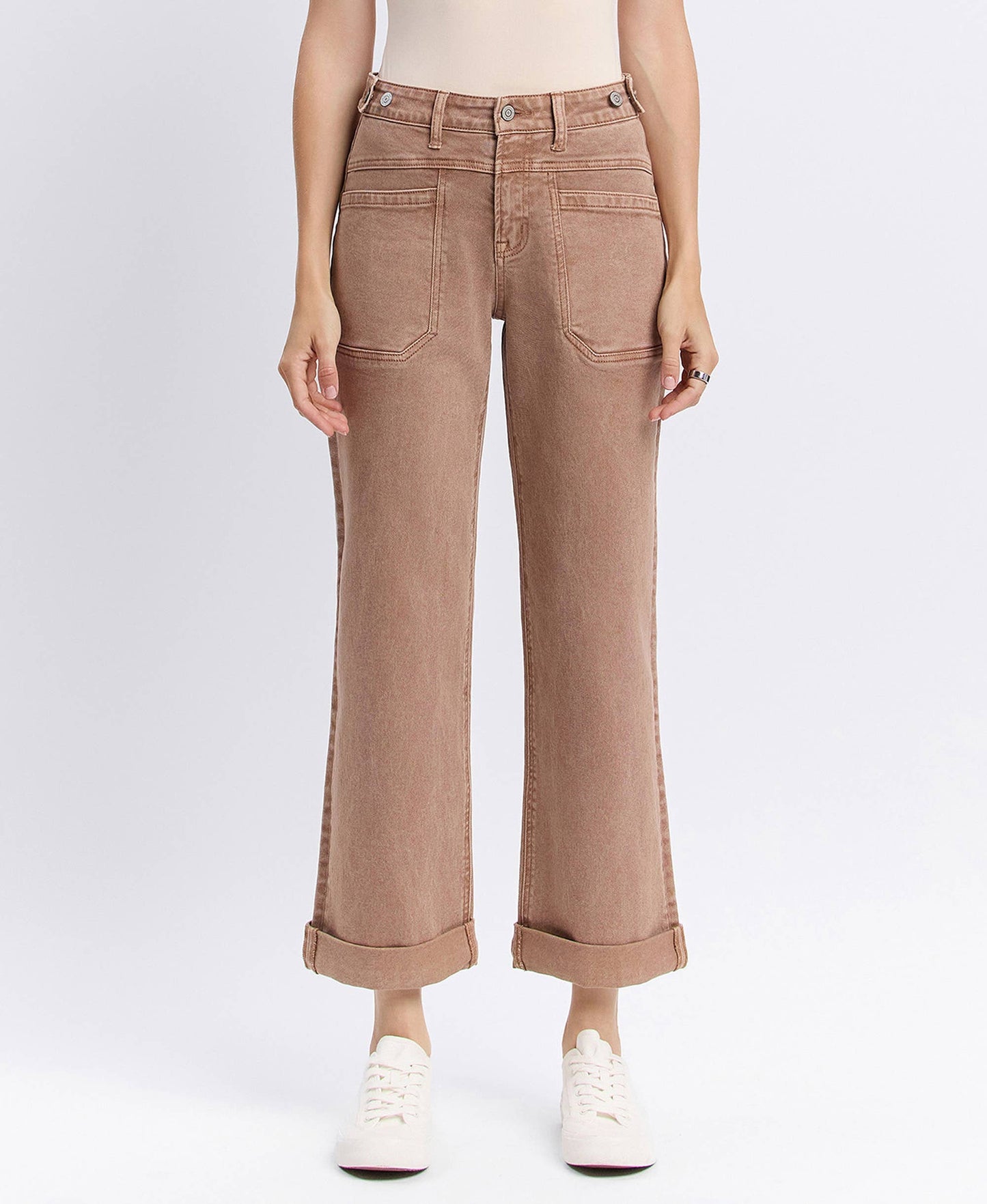 High Rise Tab Wide Denim in Warm Taupe by Flying Monkey