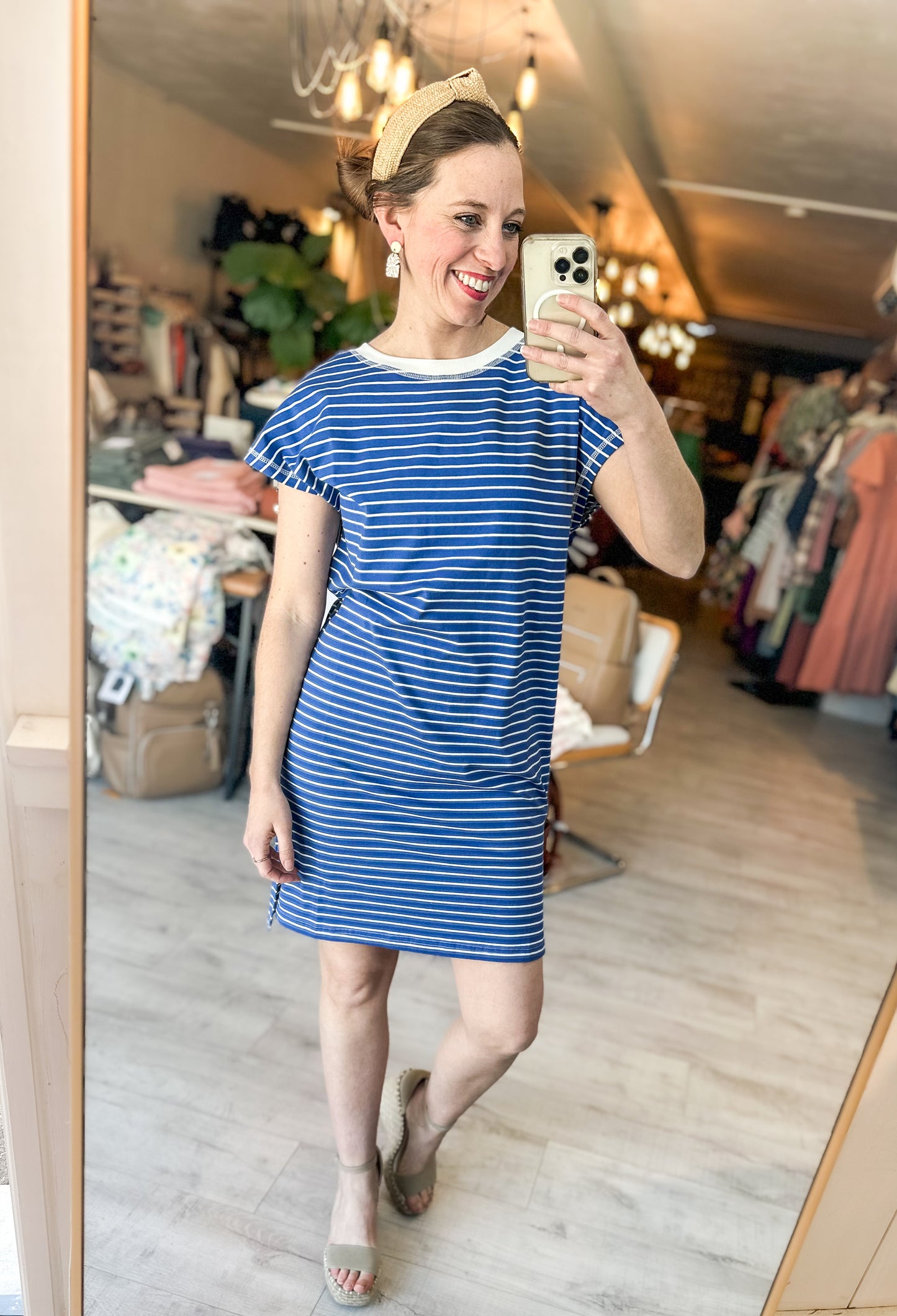 High Low Side Slit Striped T-Shirt Dress in Royal Blue