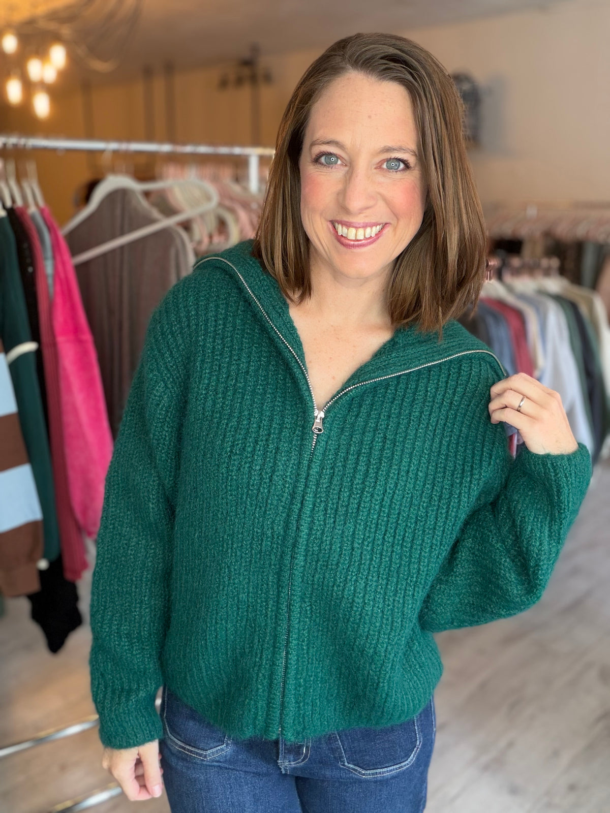 High Neck Knit Pullover in Dark Green