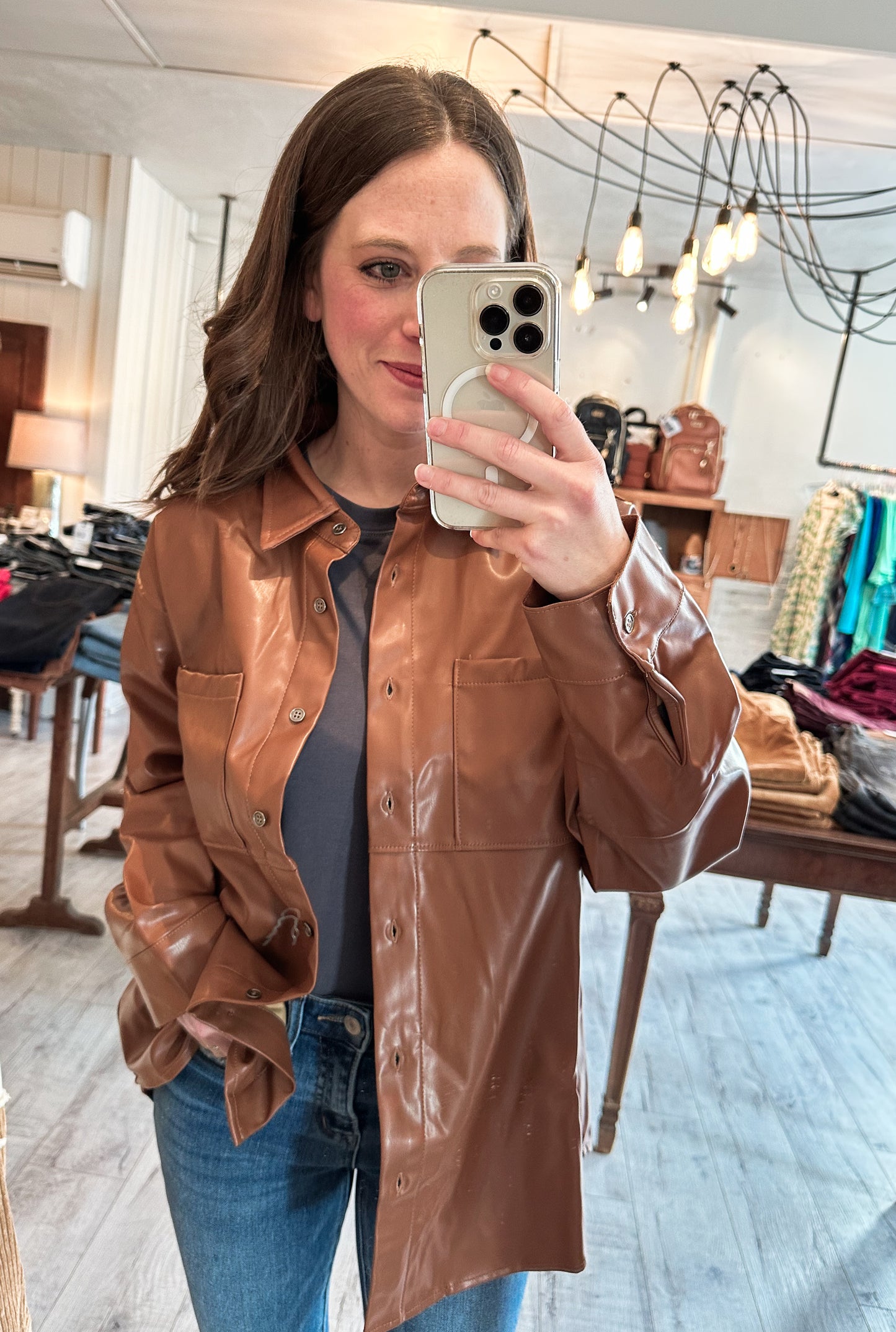 Faux Leather Button Down in Rich Cognac