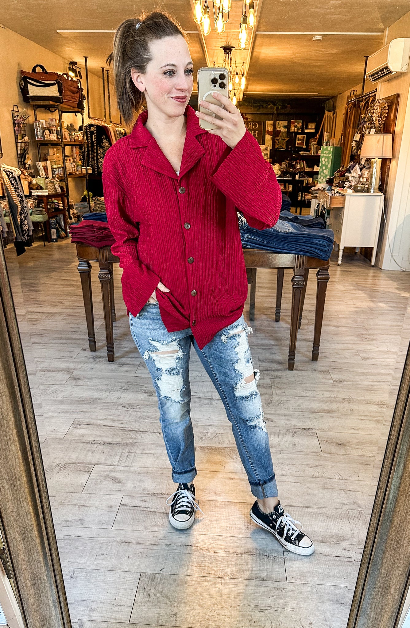 Holiday Red Rib Knit Button Up Top