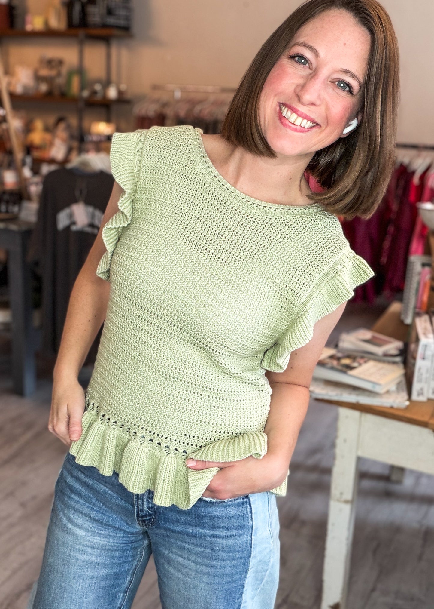 Ruffled Sweater Knit Top in Sage