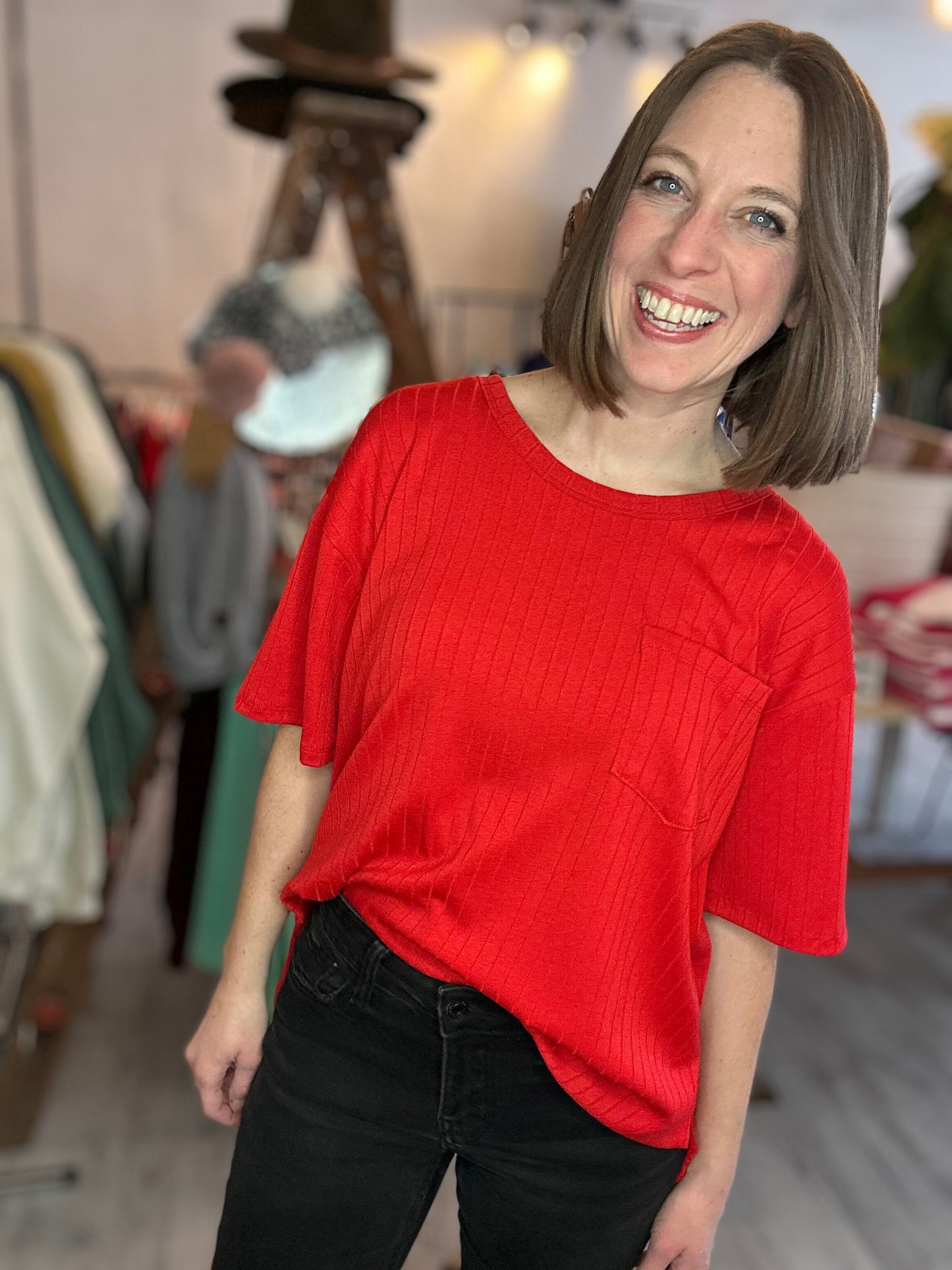 Ribbed Boyfriend Style Oversized Top in Ruby Red