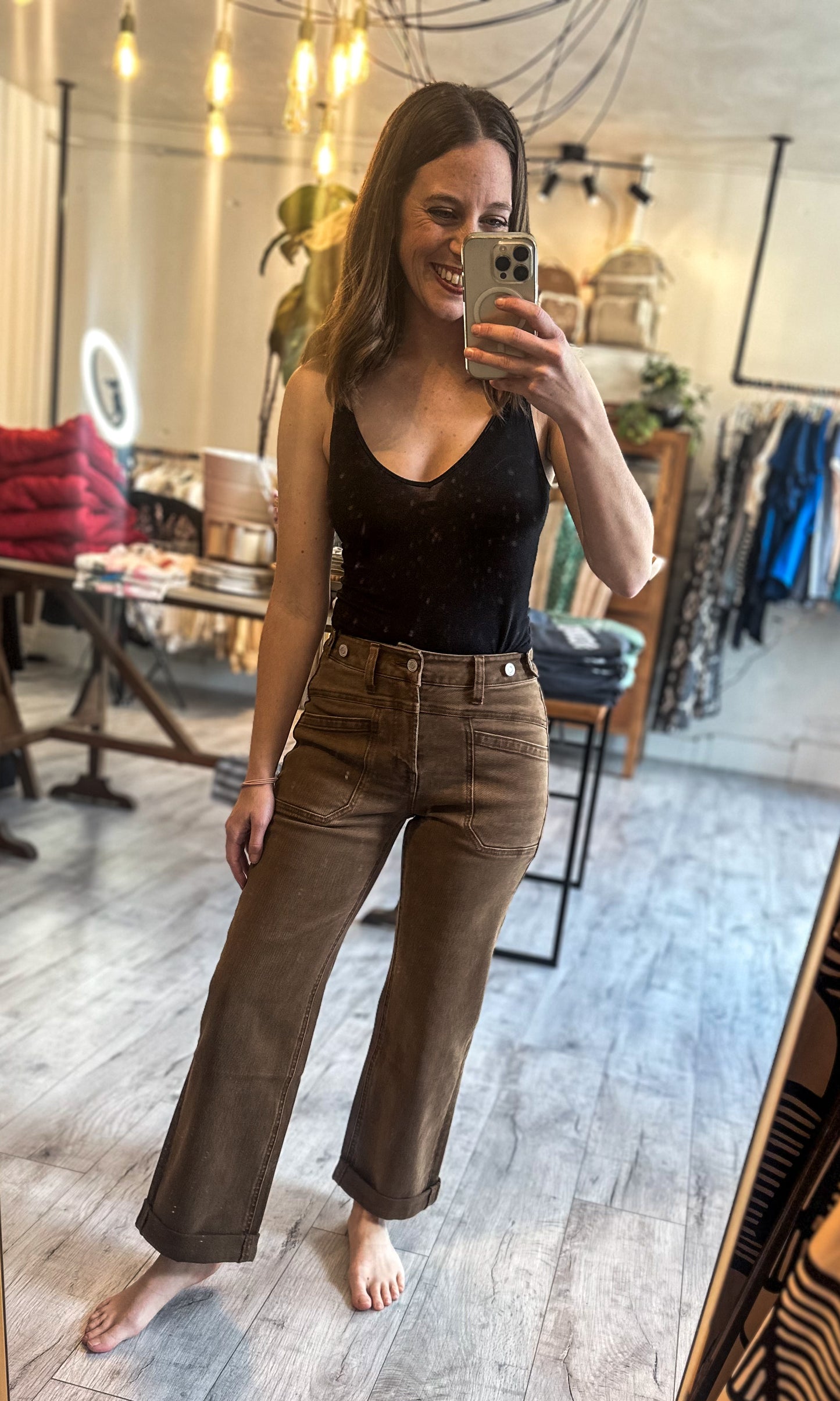 High Rise Tabbed Slim Wide Denim in Coffee by Flying Monkey