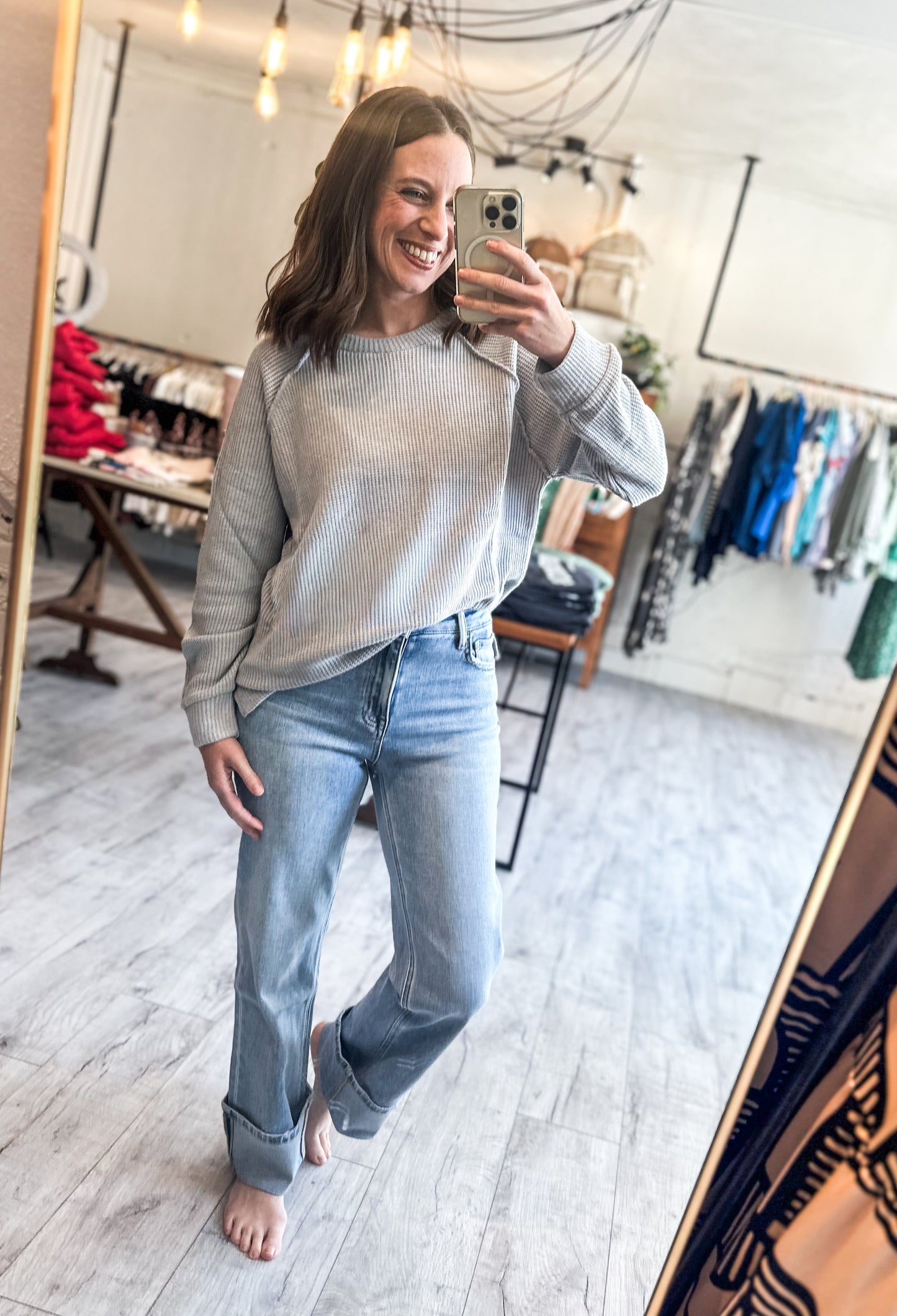 High Rise Medium Light Wash Cuffed Slim Wide Leg by Flying Monkey