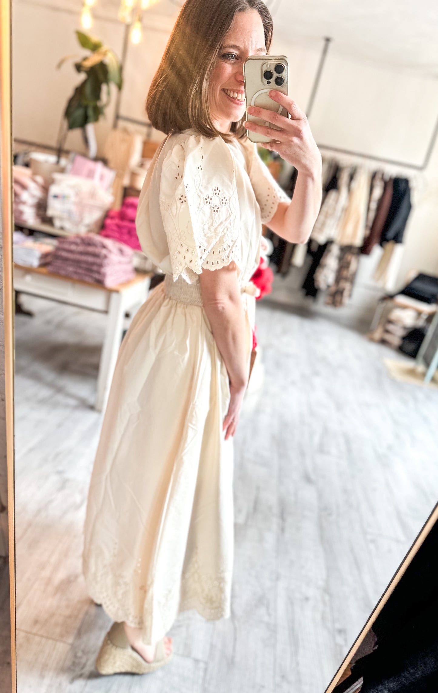 Embroidered Eyelet Belted Mid Dress in Champaign Ivory