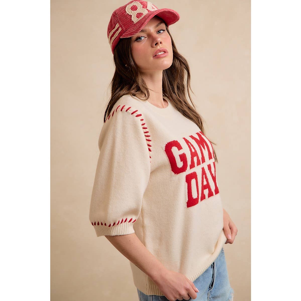 GAMEDAY THEME STITCH DETAIL PUFF SLEEVES KNIT TOP
