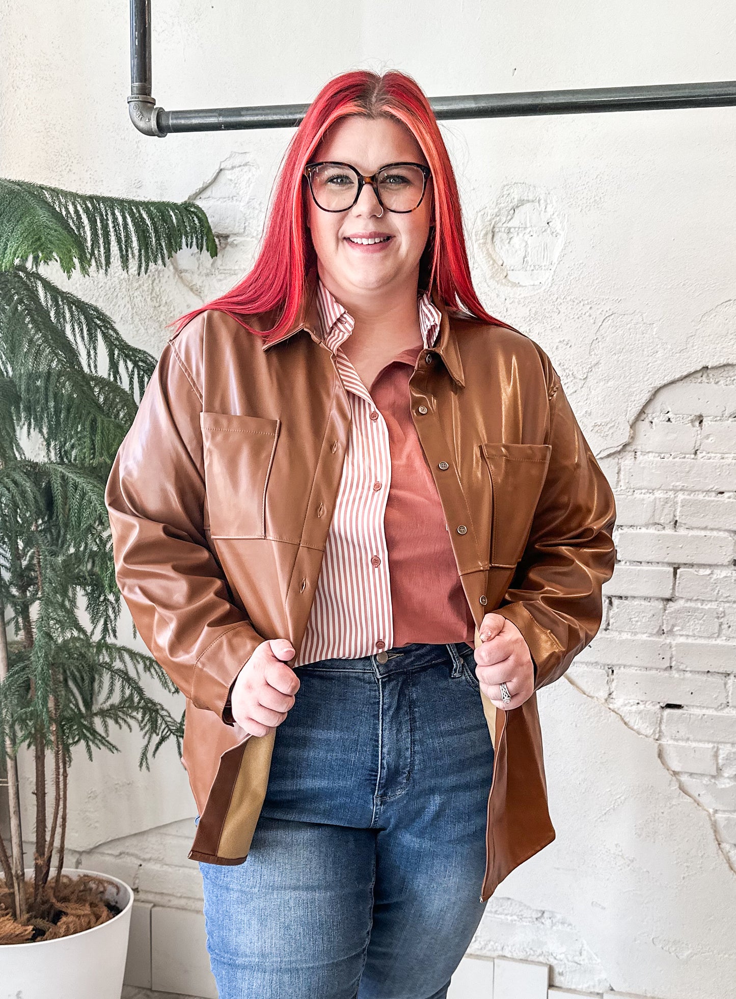 Faux Leather Button Down in Rich Cognac