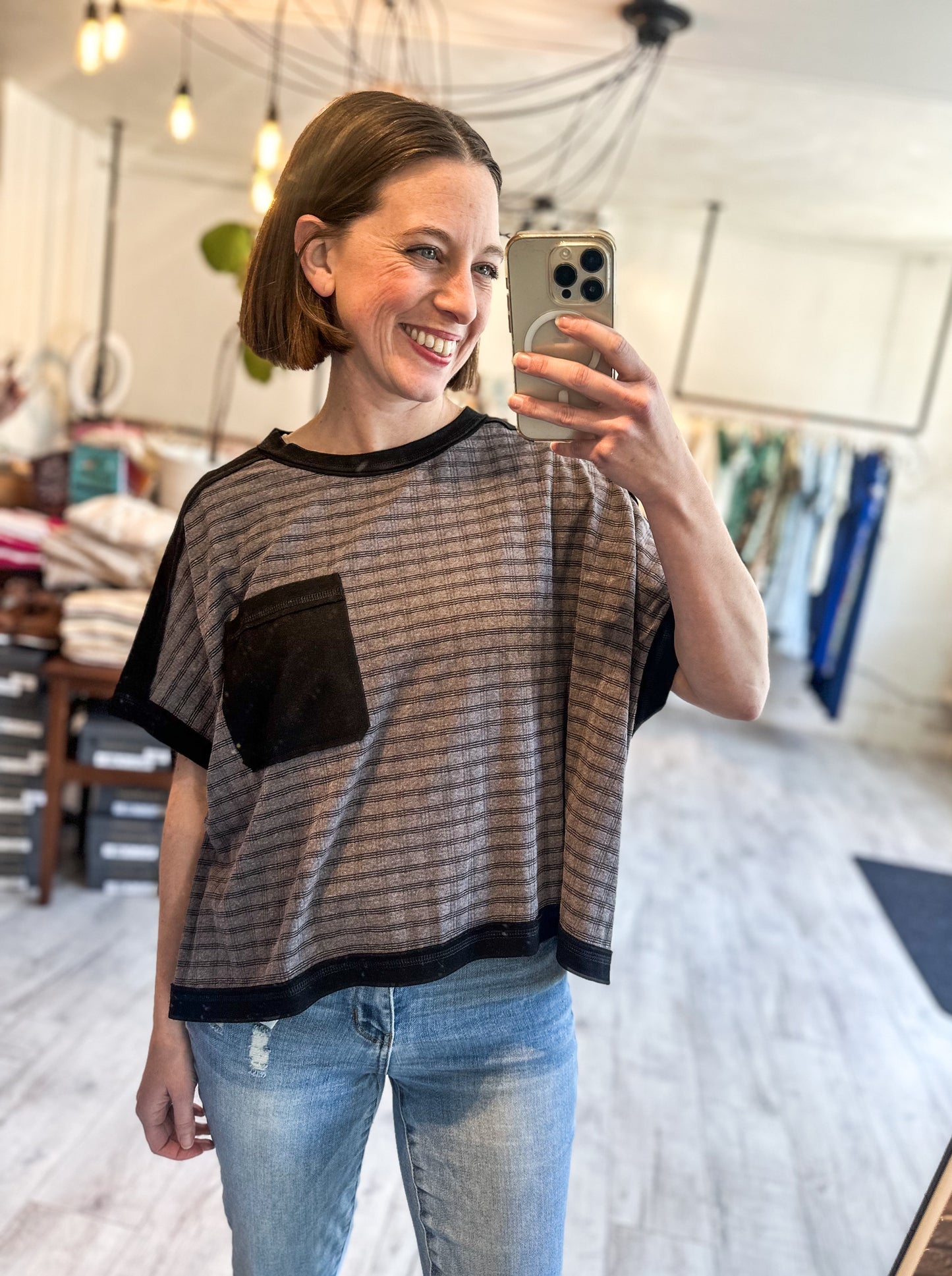 Dolman Sleeve Textured Knit Casual Top in Black & Grey