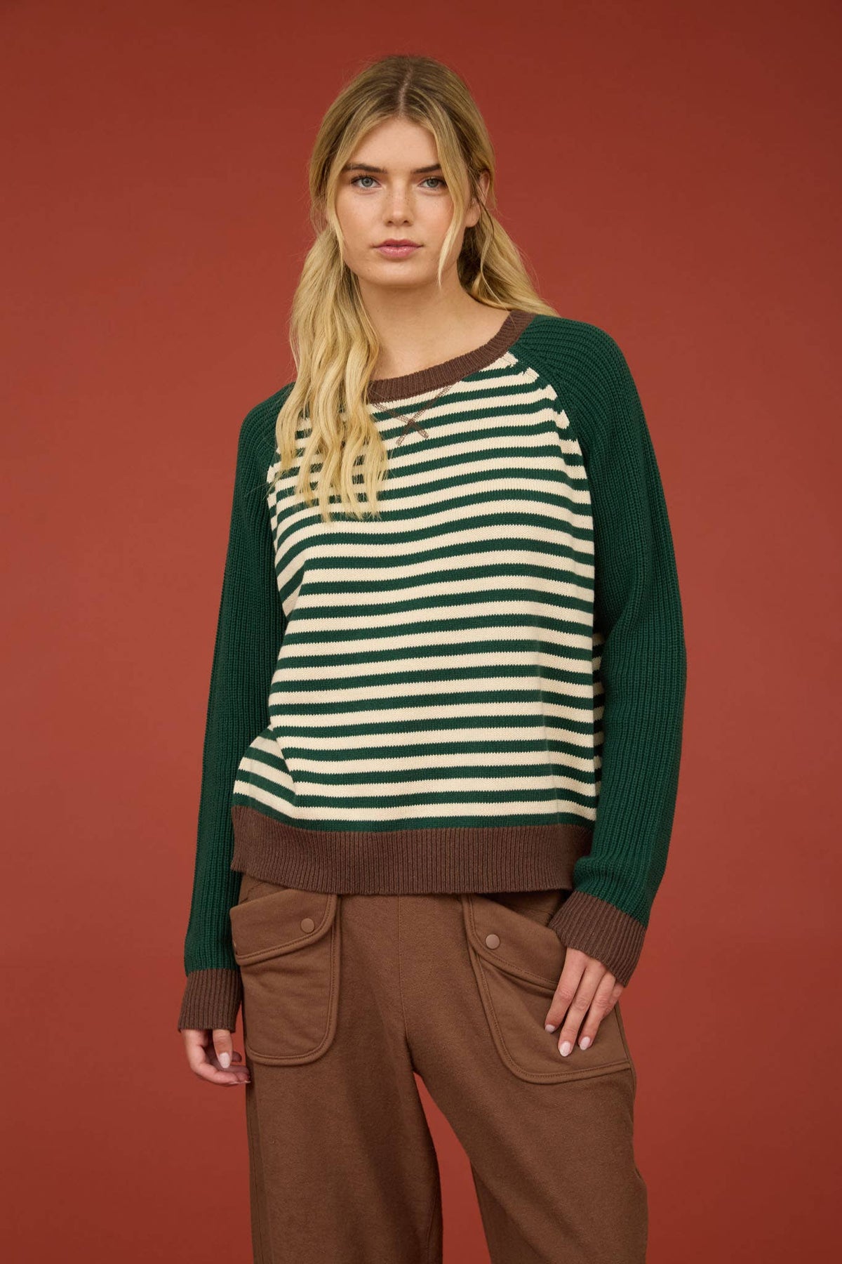 STRIPED COLORBLOCK RAGLAN LONG SLEEVE CREW SWEATER