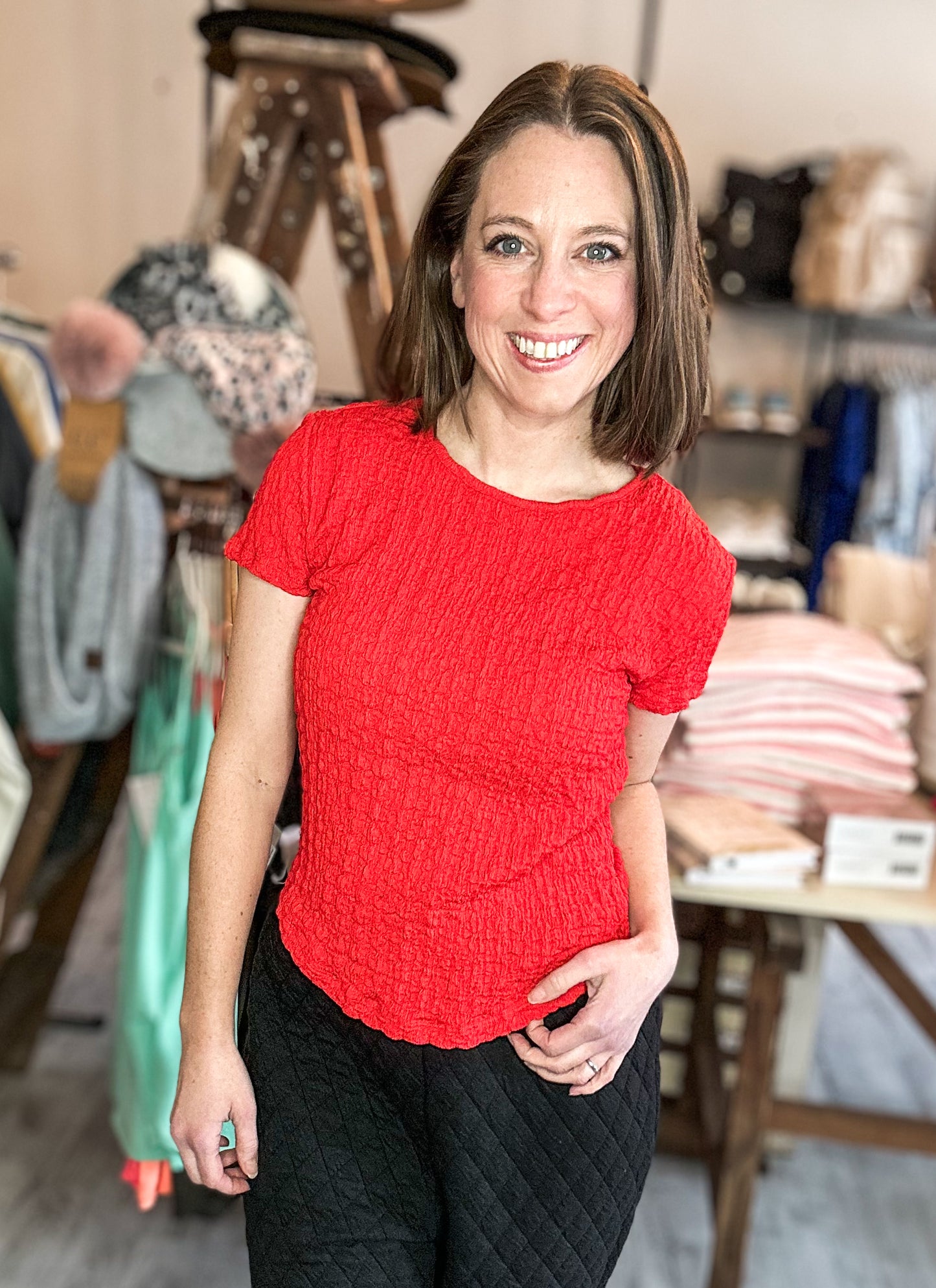 Popcorn Textured Short Sleeve Knit Top in Flame Scarlet