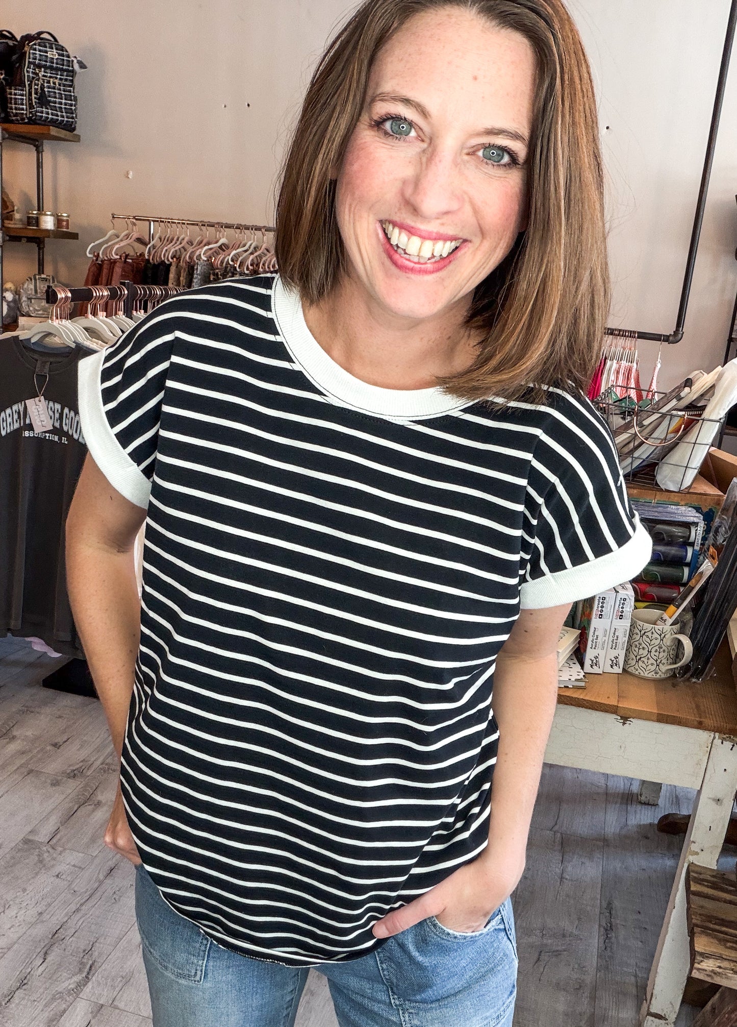 Contrast Trim Cap Sleeve Tee in Striped Black & Cream