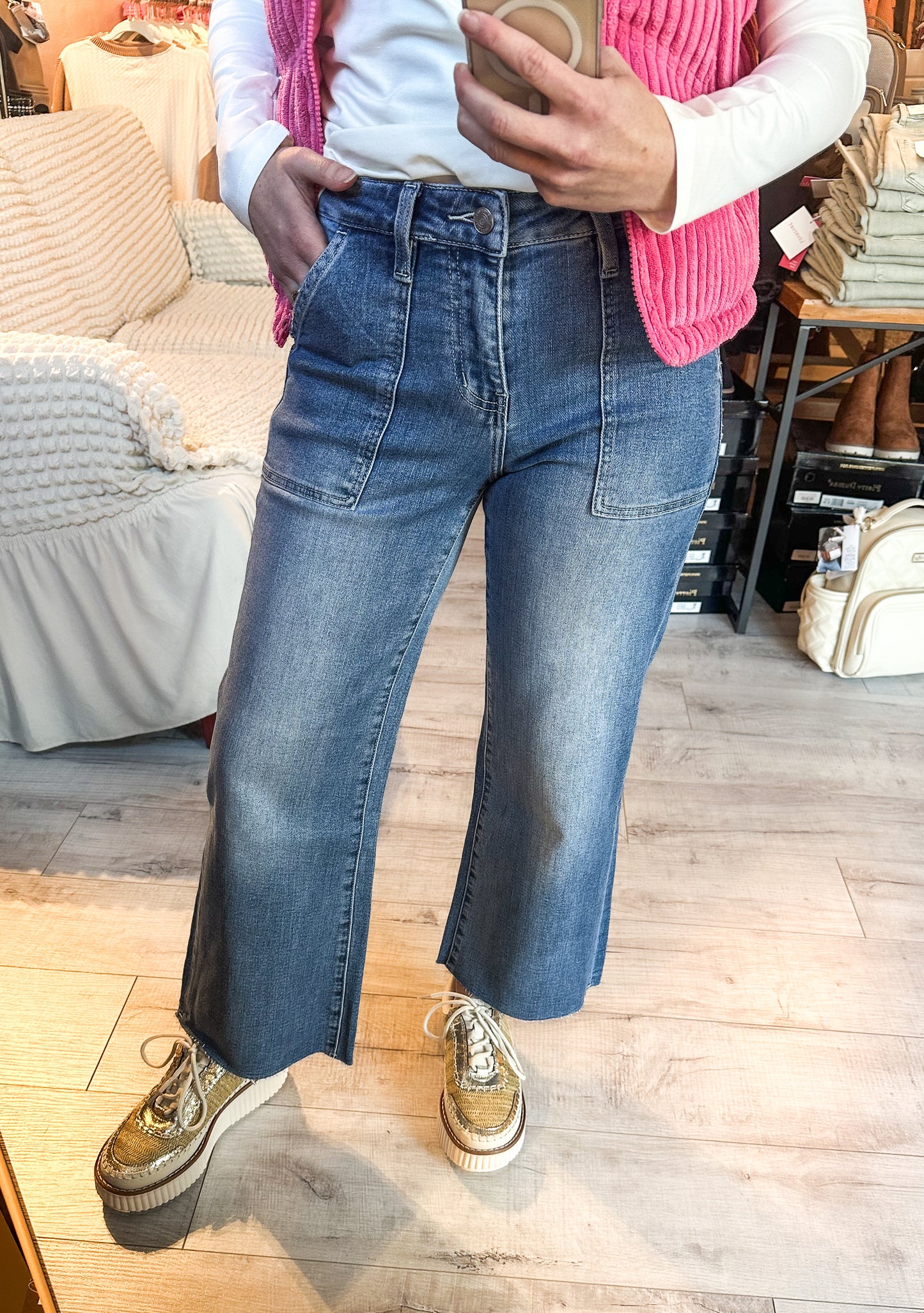 High Rise Utility Wide Jean in Medium Wash