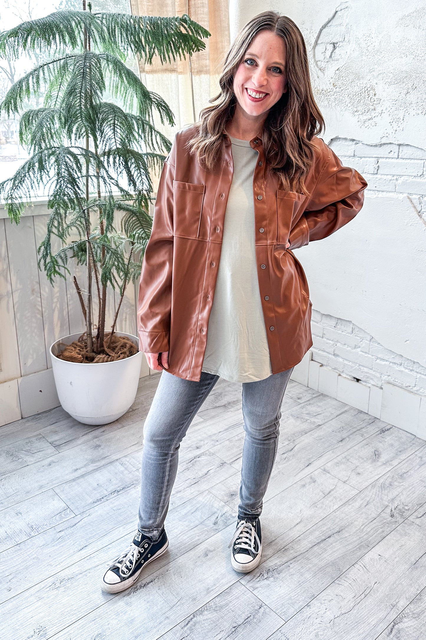 Faux Leather Button Down in Rich Cognac