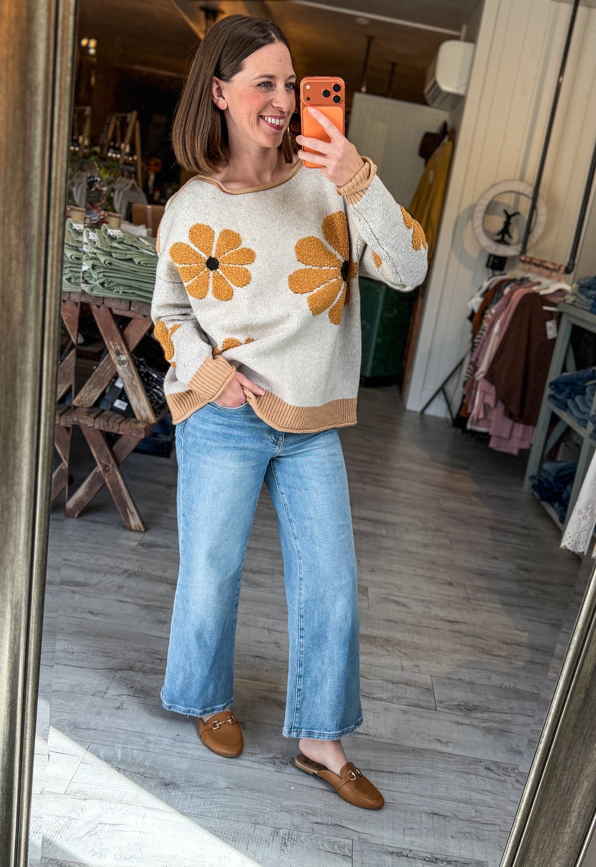 OATMEAL LATTE DAISY FLORAL RIBBED SWEATER