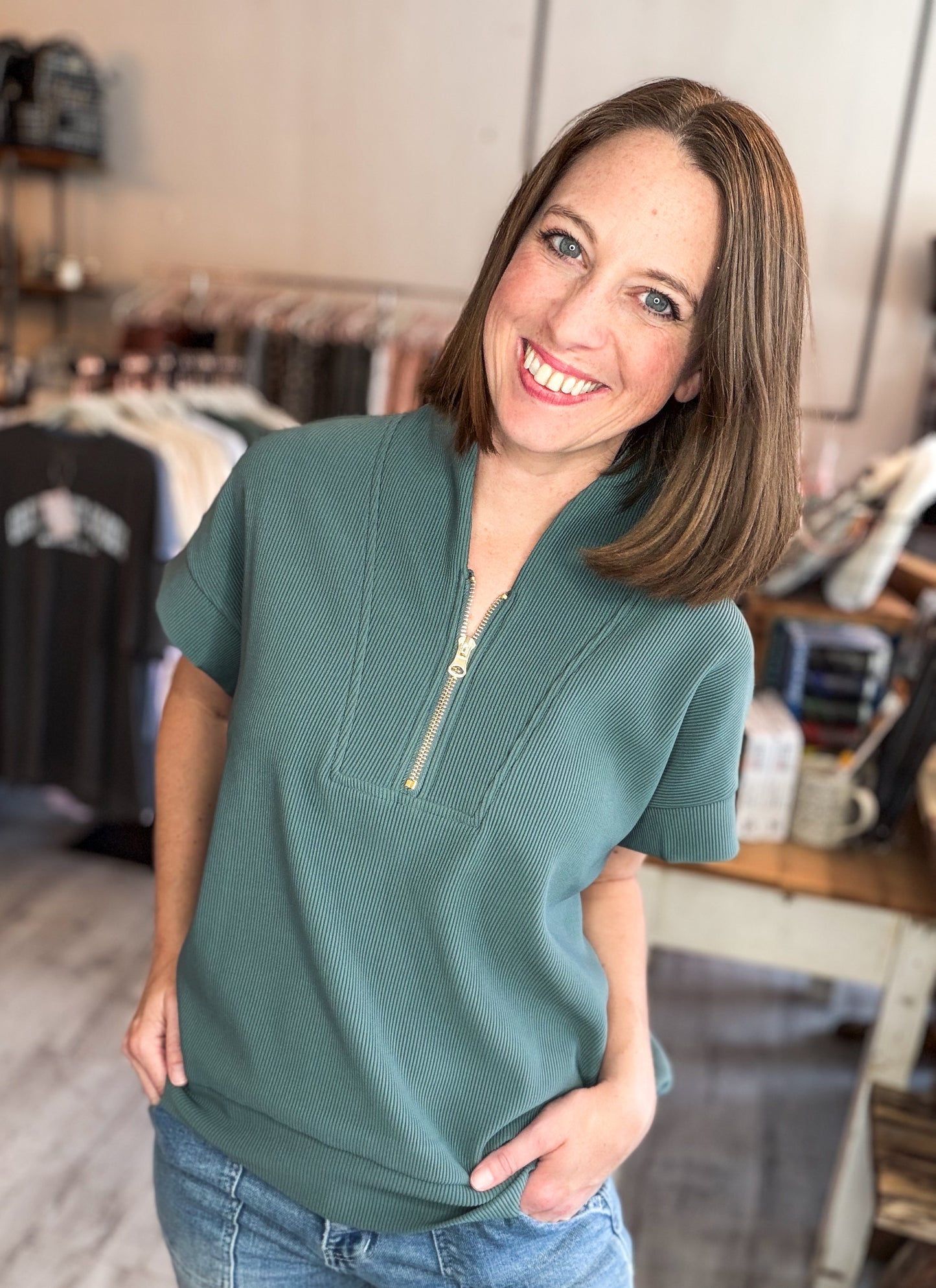 Ribbed High Neck Short Sleeve Top in Ash Jade