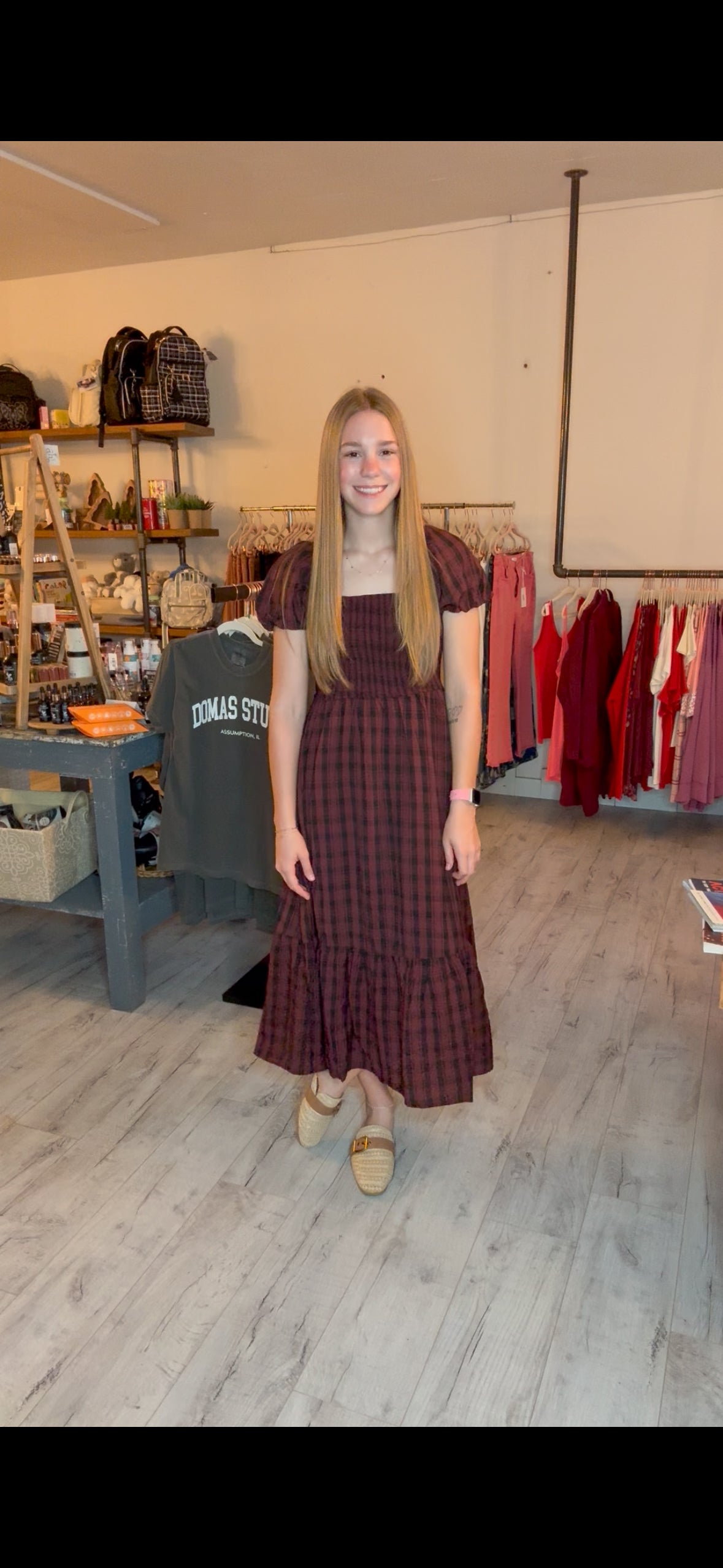 PLAID SMOCKED PUFF SLEEVE TIERED MIDI DRESS in BURGUNDY