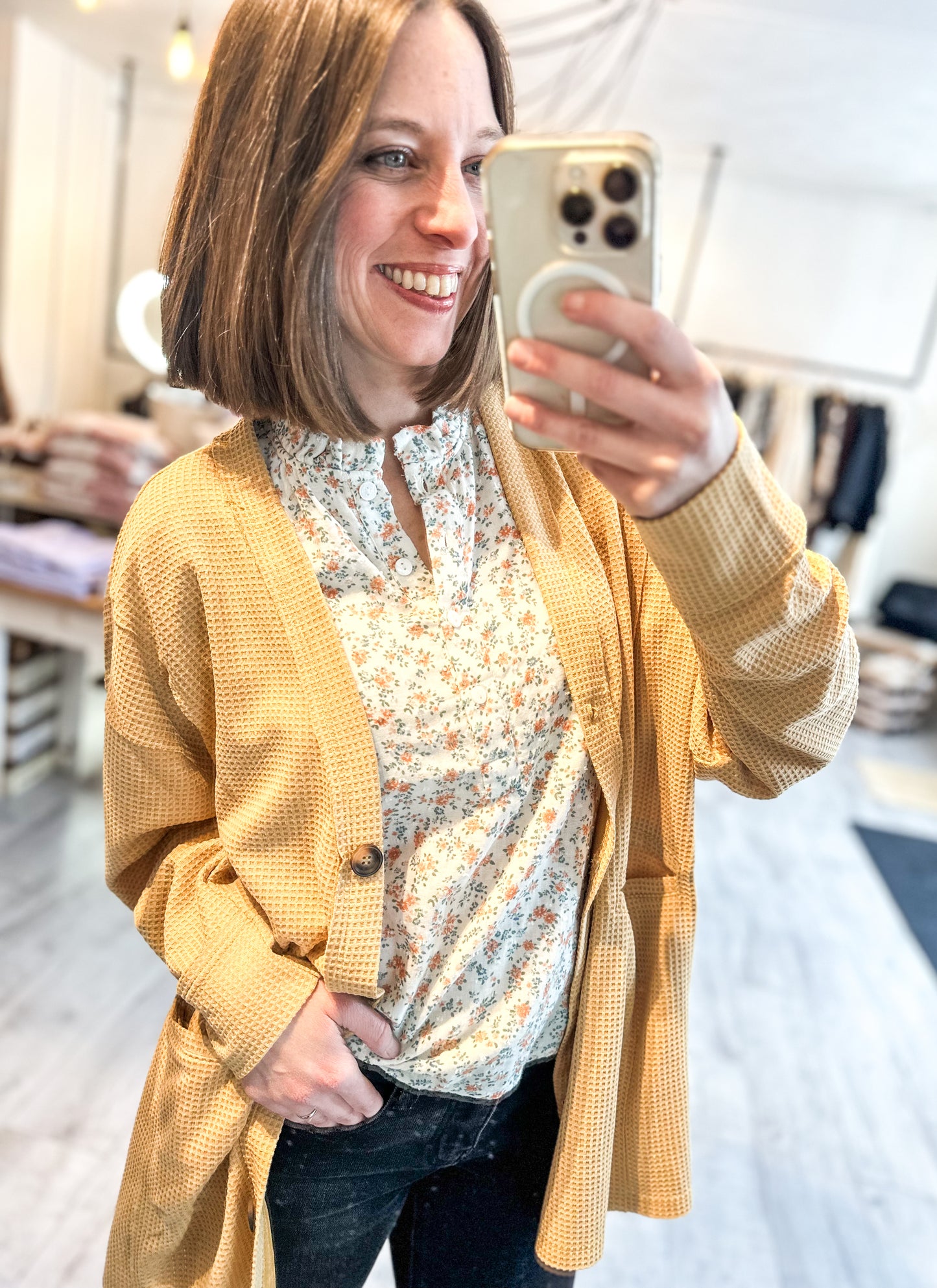 Two-Tone Charm Cardigan in Marigold and Magenta