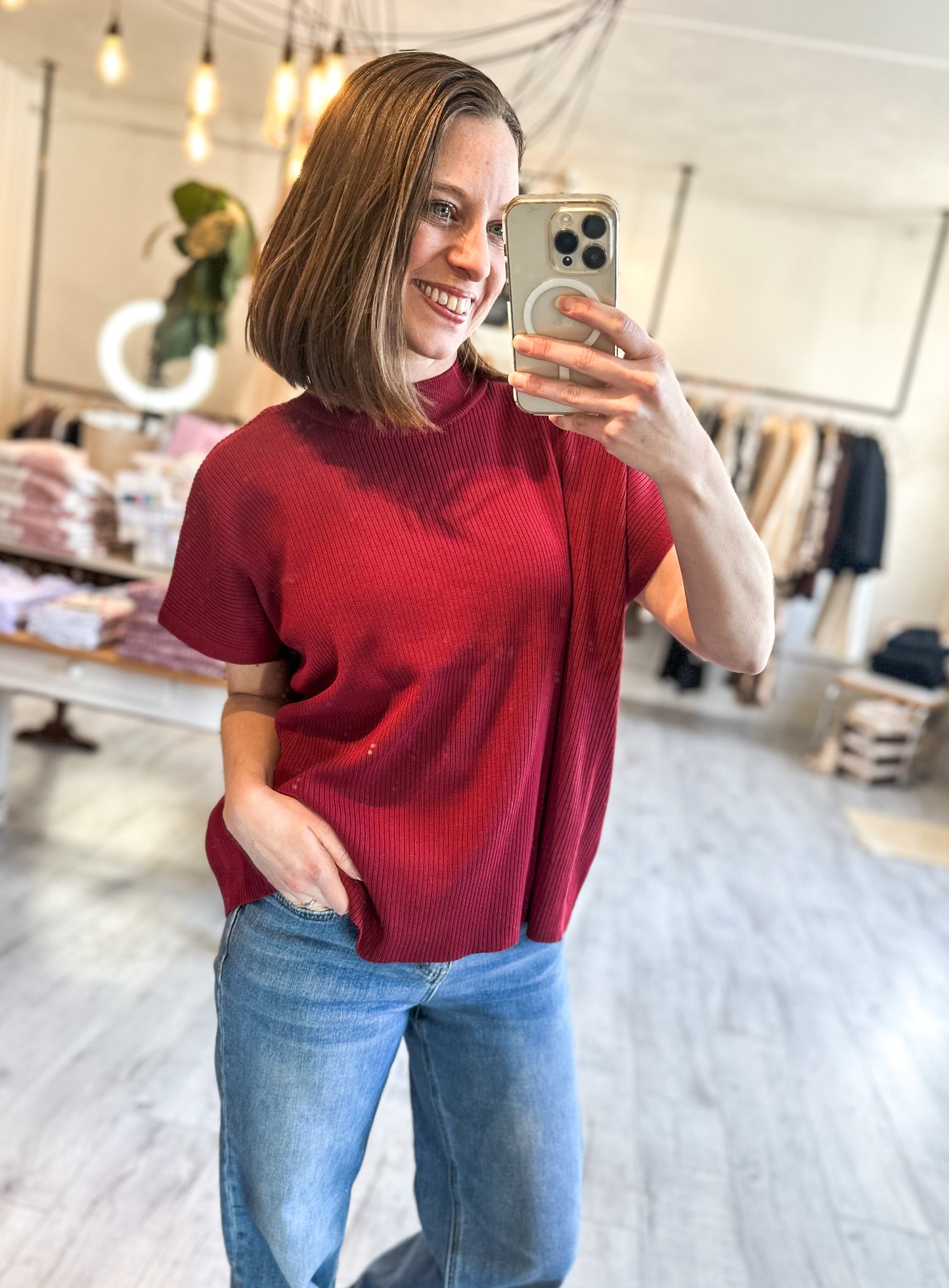 Mock Neck Short Sleeve Sweater in Cabernet