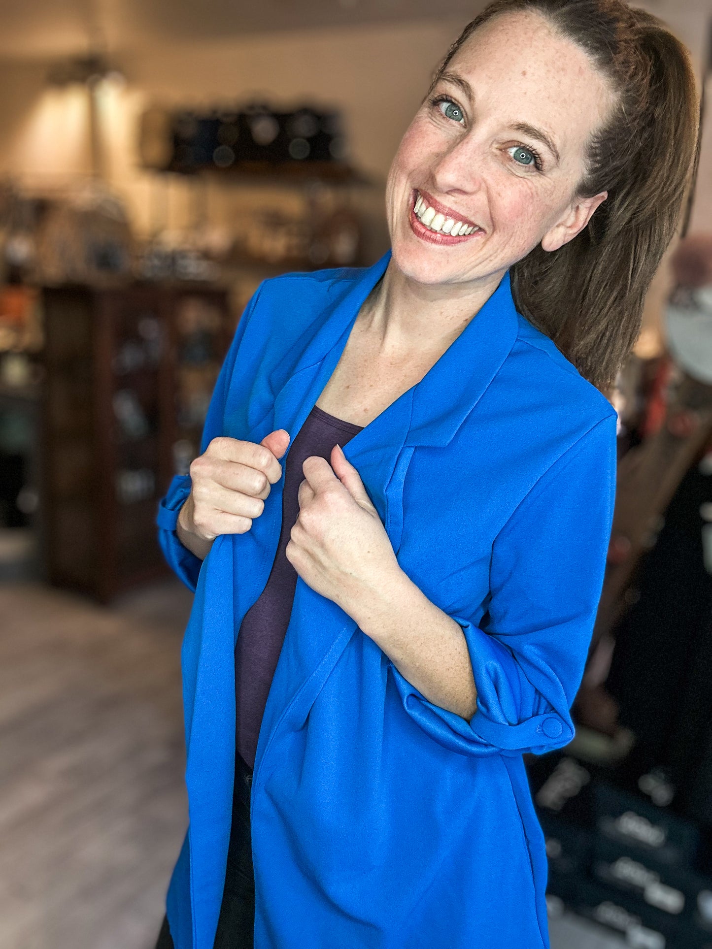 Open Front Relaxed Boyfriend Blazer in Royal Blue