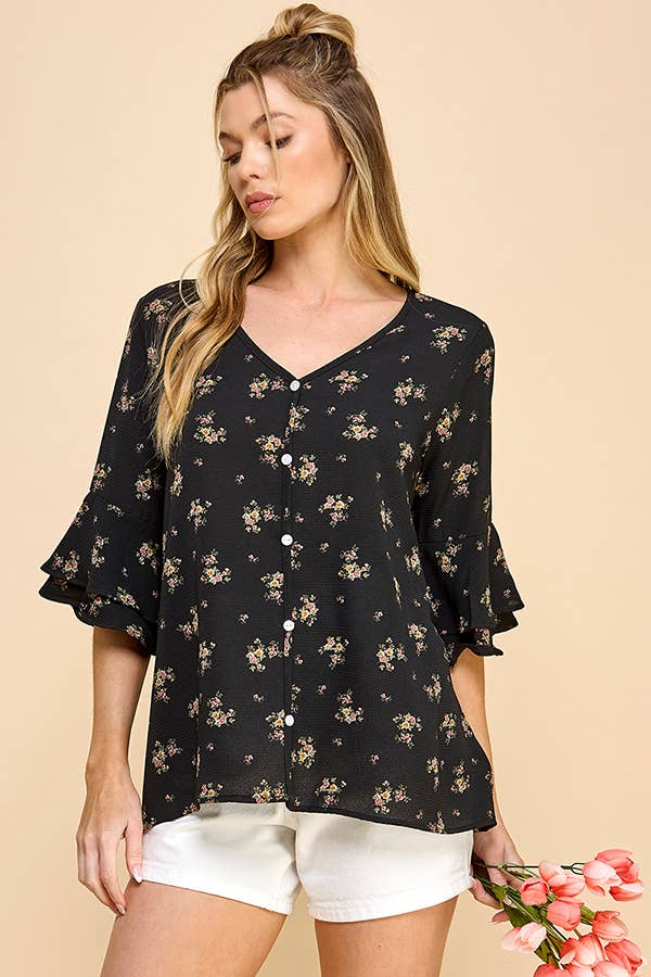 Floral Button Top in Black