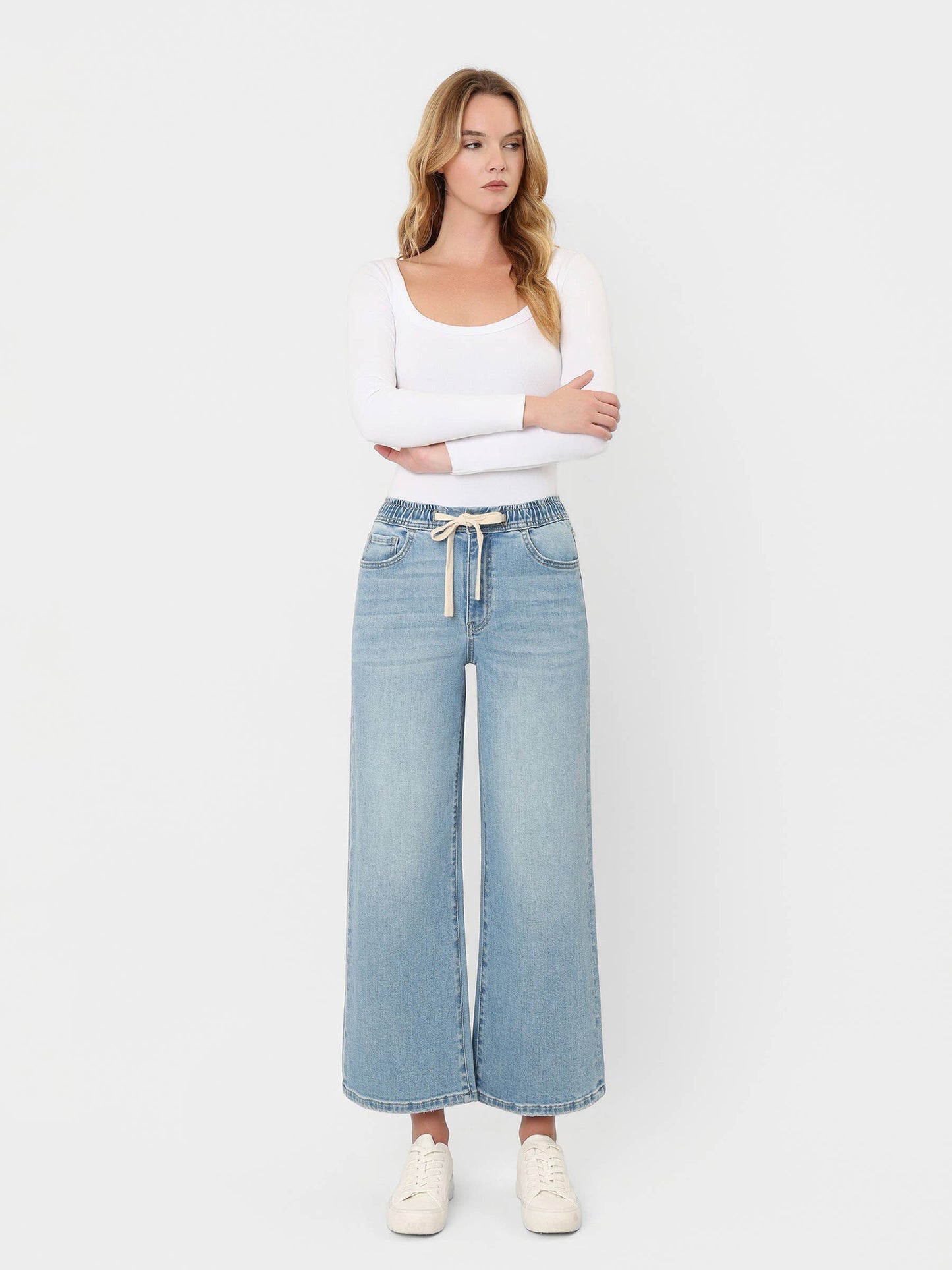 Super High Rise Elastic Crop Wide Denim by Lovervet