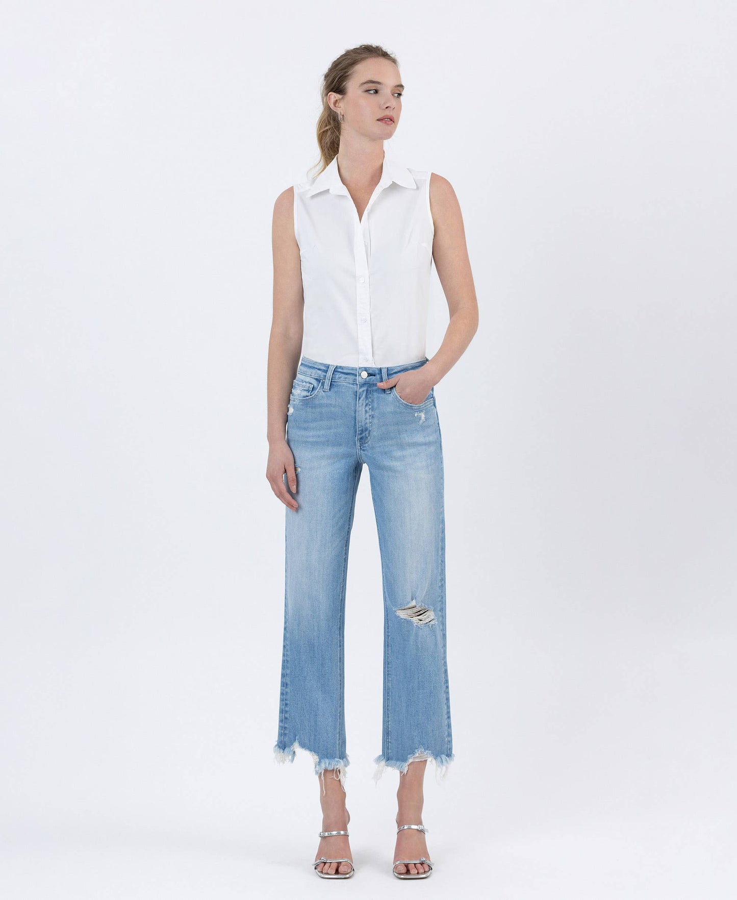 High Rise Distressed Crop Slim Wide Denim