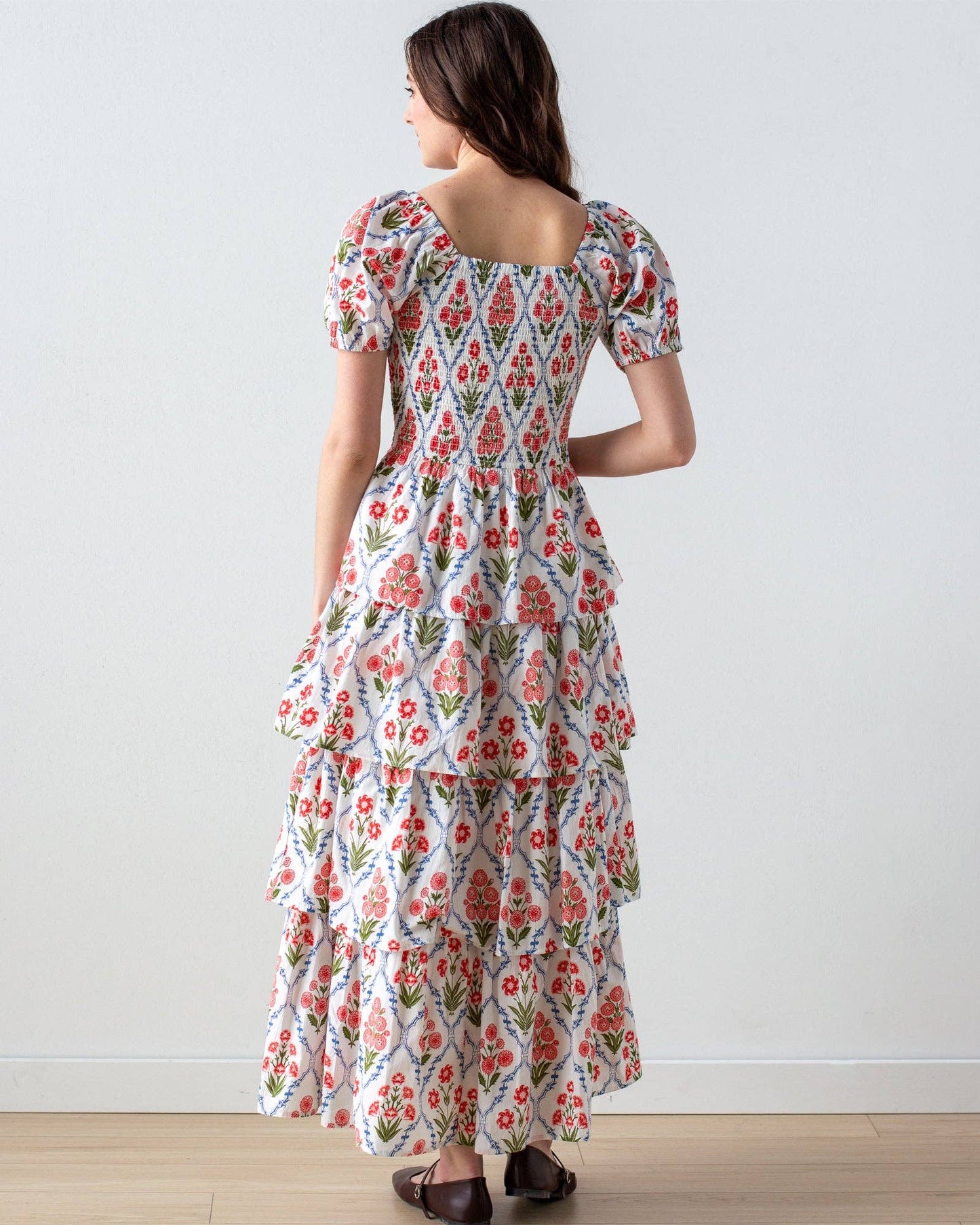 Joyful Floral Print Short Sleeve Maxi Dress w/ Tiered Skirt