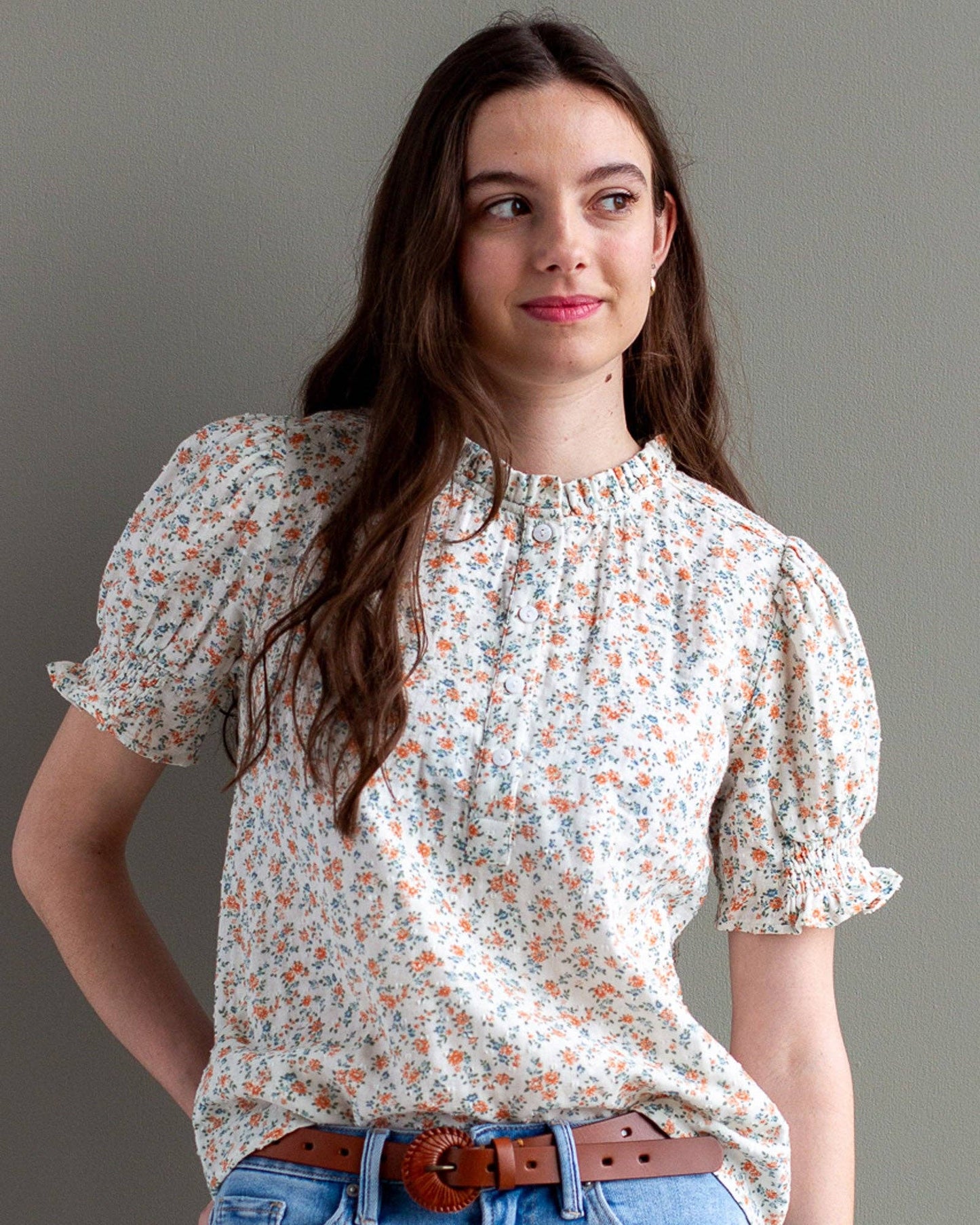 Aria Dainty Floral Print Short Sleeve Ruffle Neckline Blouse