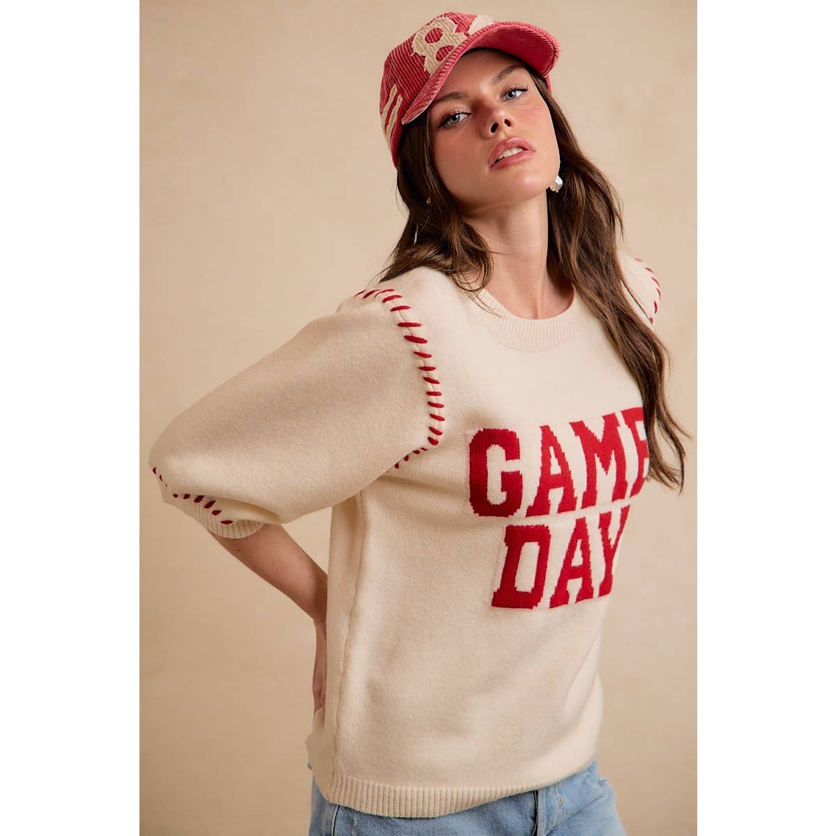 GAMEDAY THEME STITCH DETAIL PUFF SLEEVES KNIT TOP