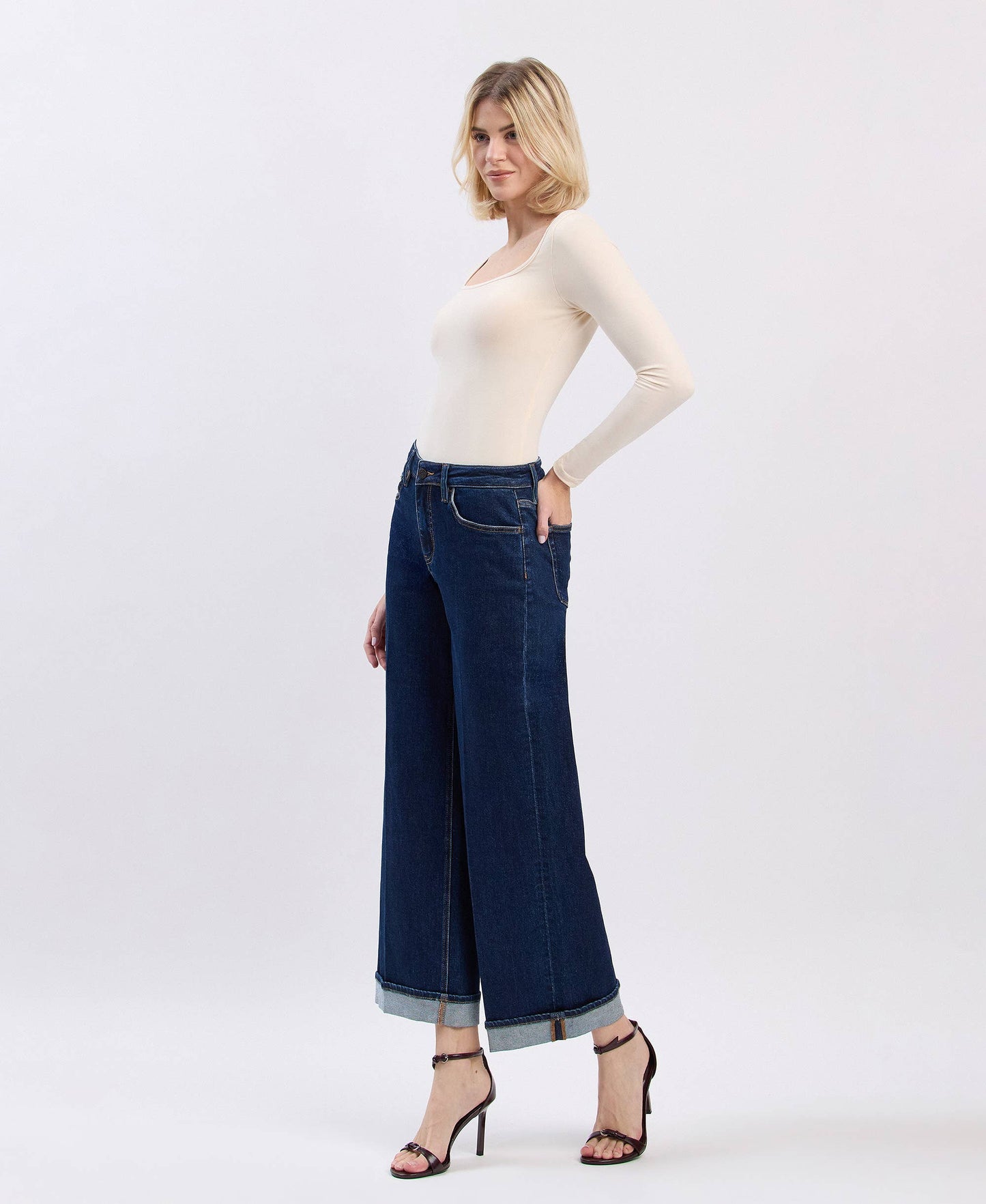High Rise Cuffed Ankle Wide Jeans