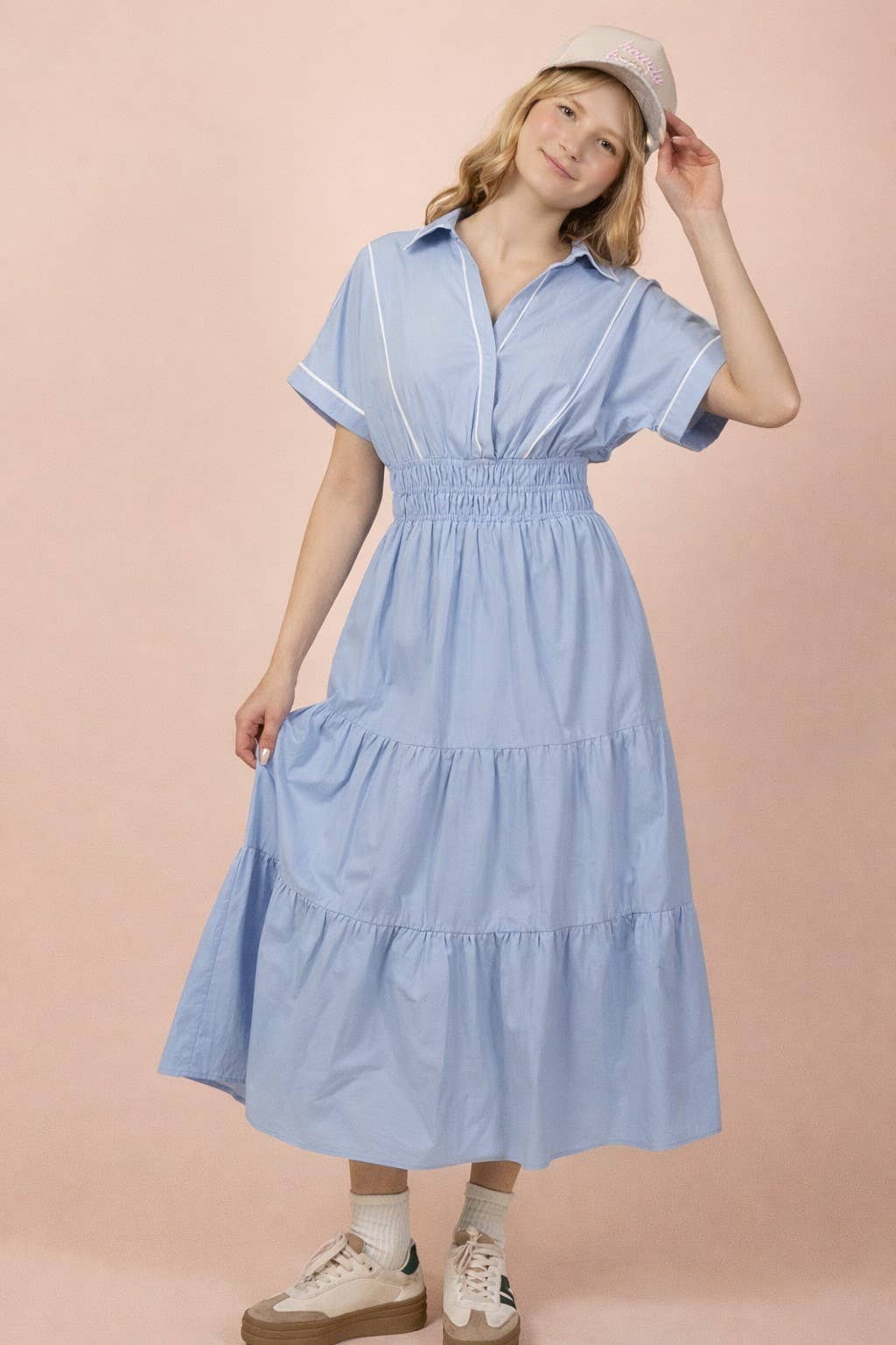 Piping Detail Tiered Layered Midi Dress in Light Blue