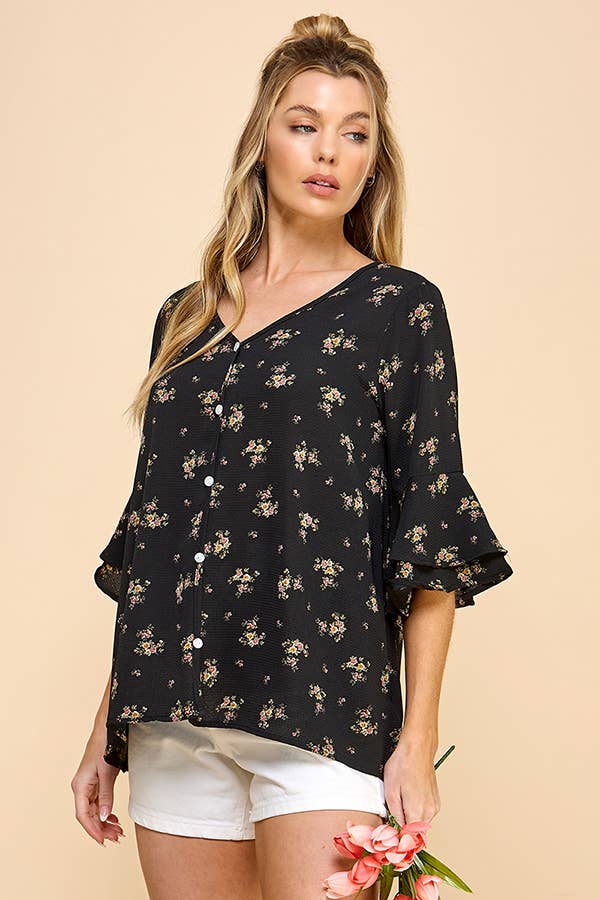 Floral Button Top in Black